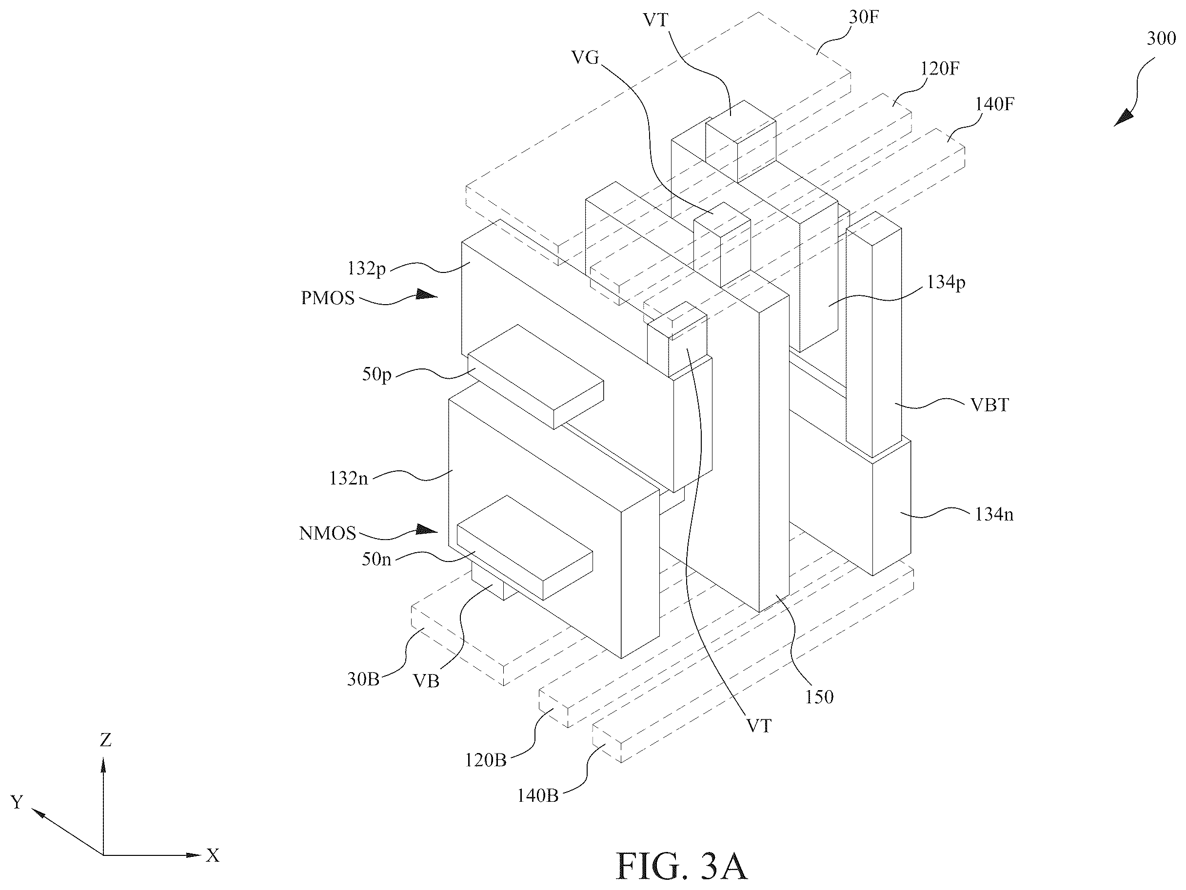 Patent US12588492 Figure 8 – Power rail and signal line arrangement in integrated circuits having stacked transistors