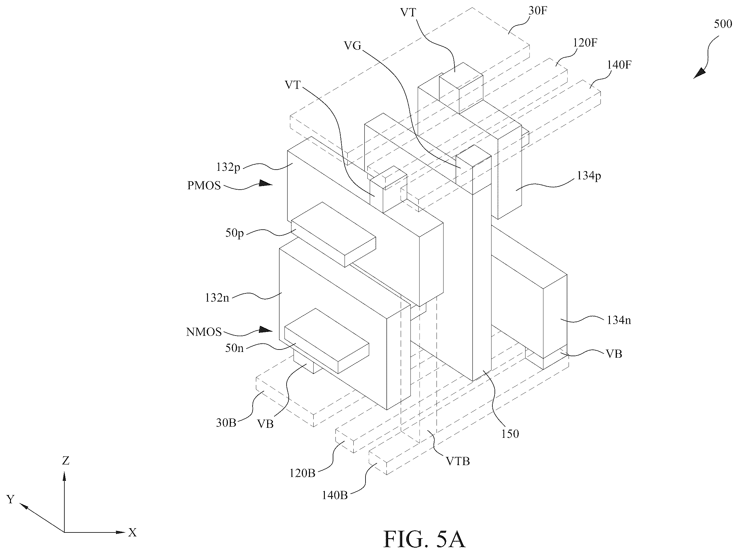 Patent US12588492 Figure 14 – Power rail and signal line arrangement in integrated circuits having stacked transistors