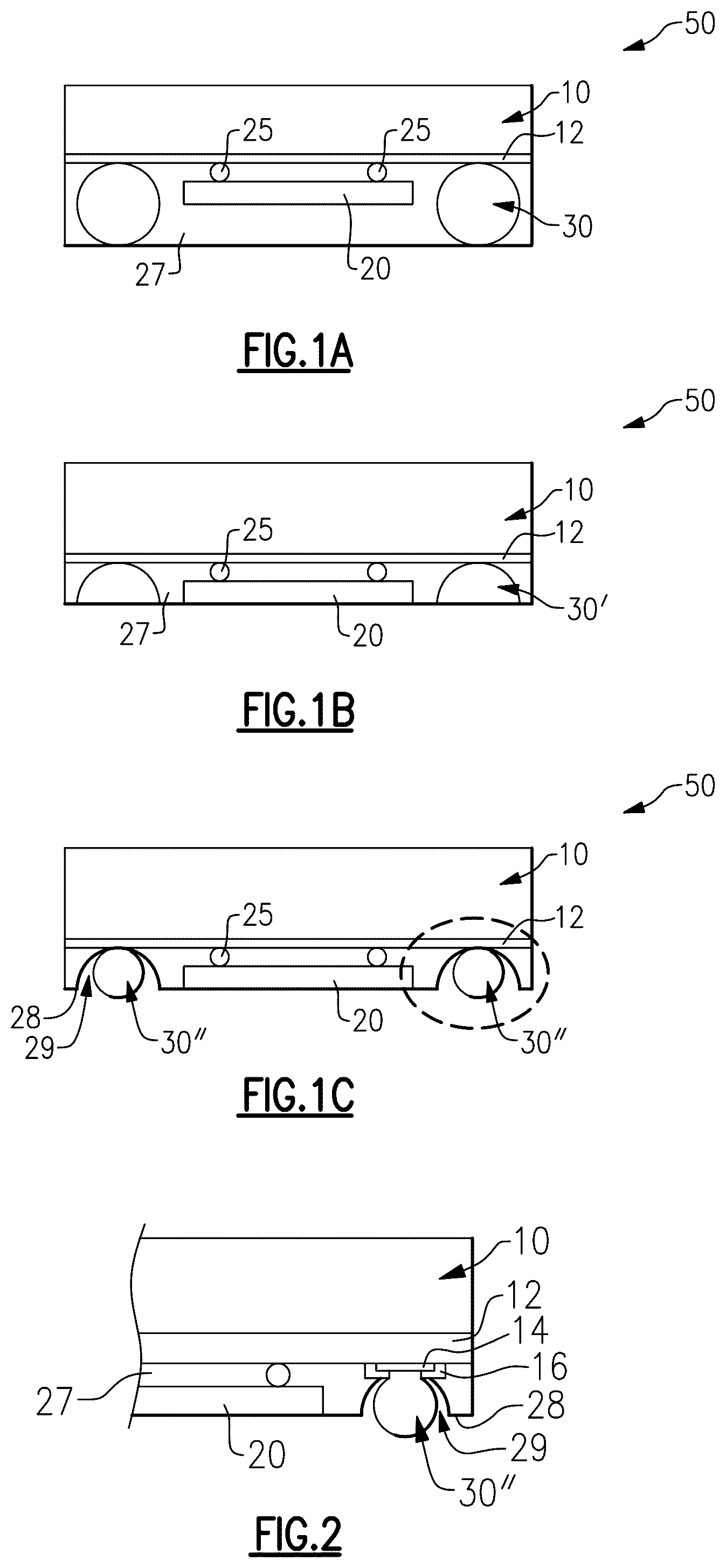 Patent US12588555 — Dual sided molded package with varying interconnect pad sizes and varying exposed solderable area — Figure 1