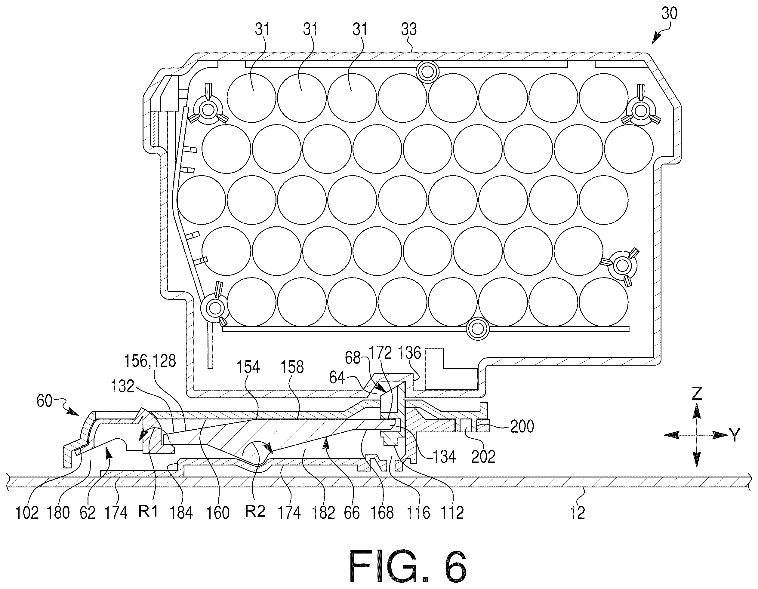 Patent US12588586 Figure 6 – Battery latching mechanism for power equipment, and lawnmower