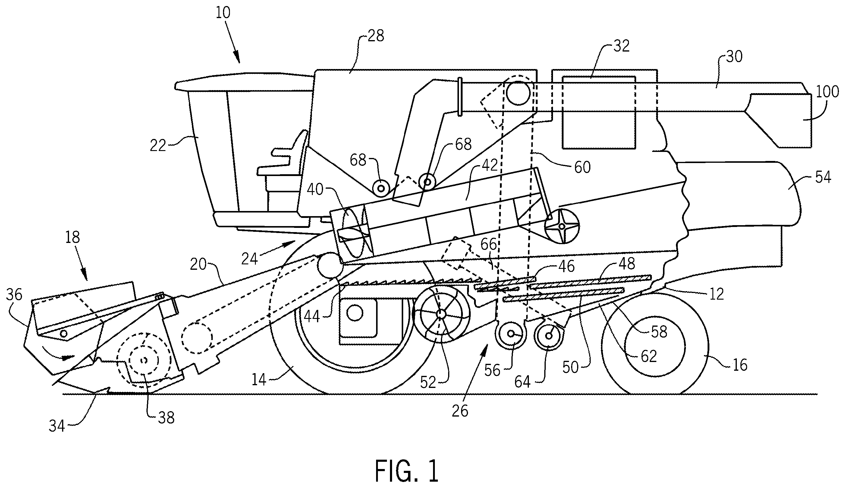 Patent US12588602 — Unload tube lock for agricultural vehicle — Figure 1