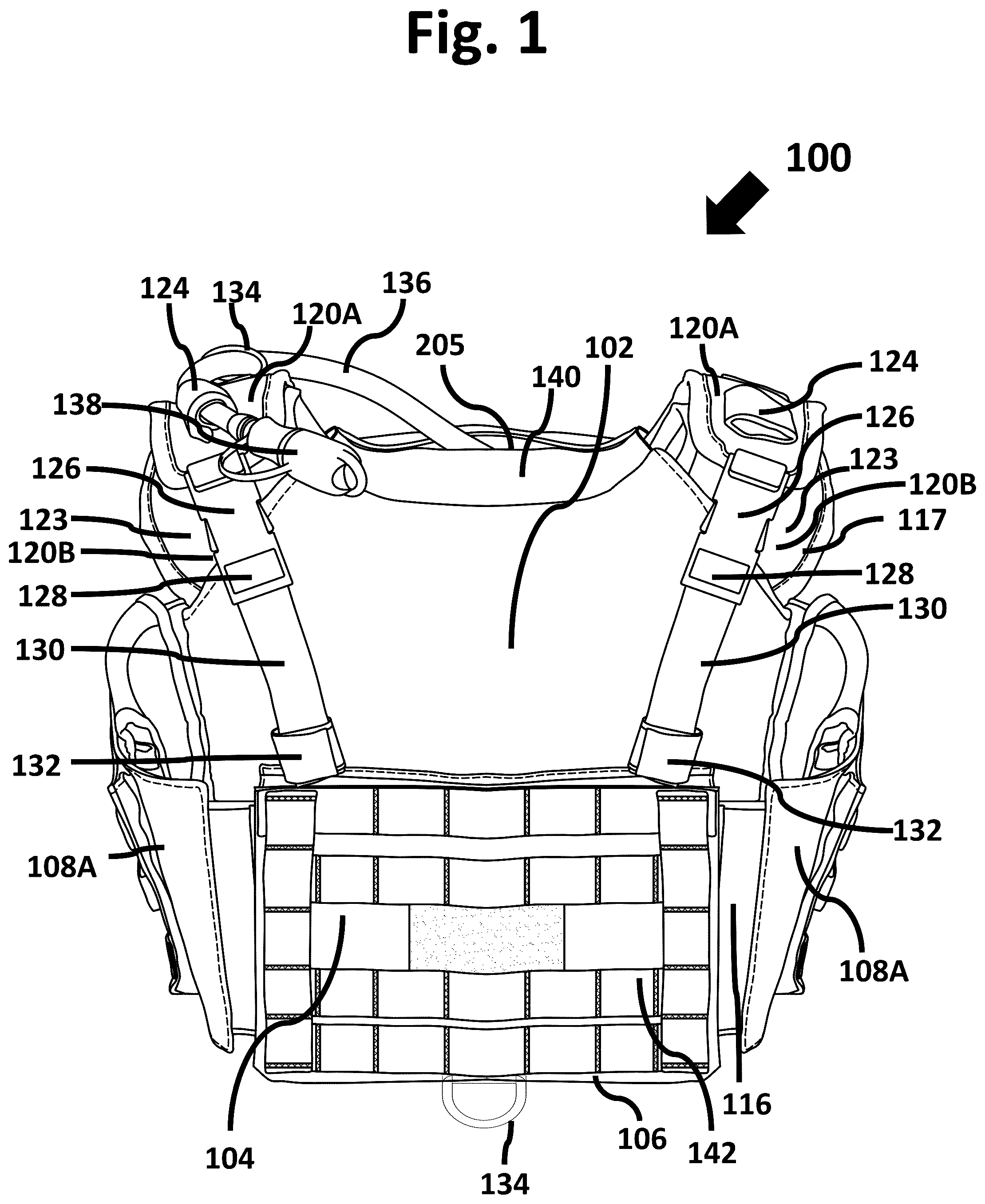 Patent US12588715 Figure 1 – Multi-functional vest with integrated weight and hydration features