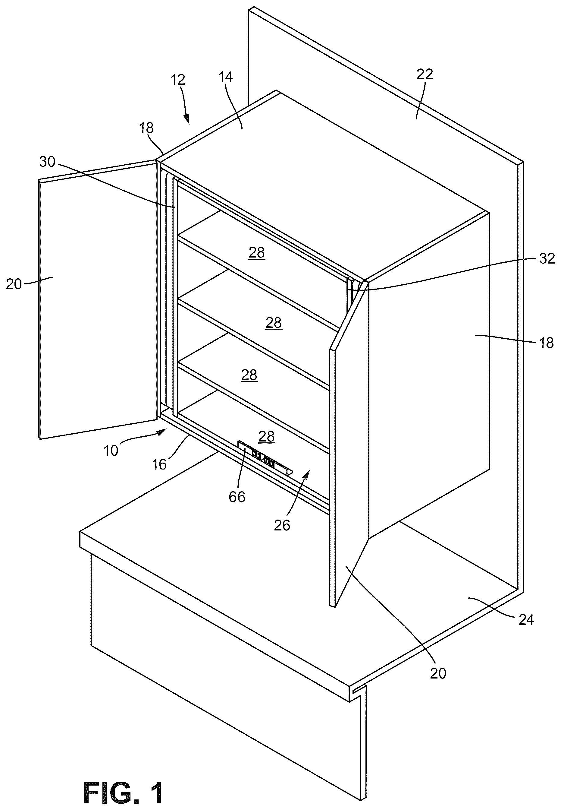 Patent US12588756 Figure 1 – Powered lift system for cabinet shelves