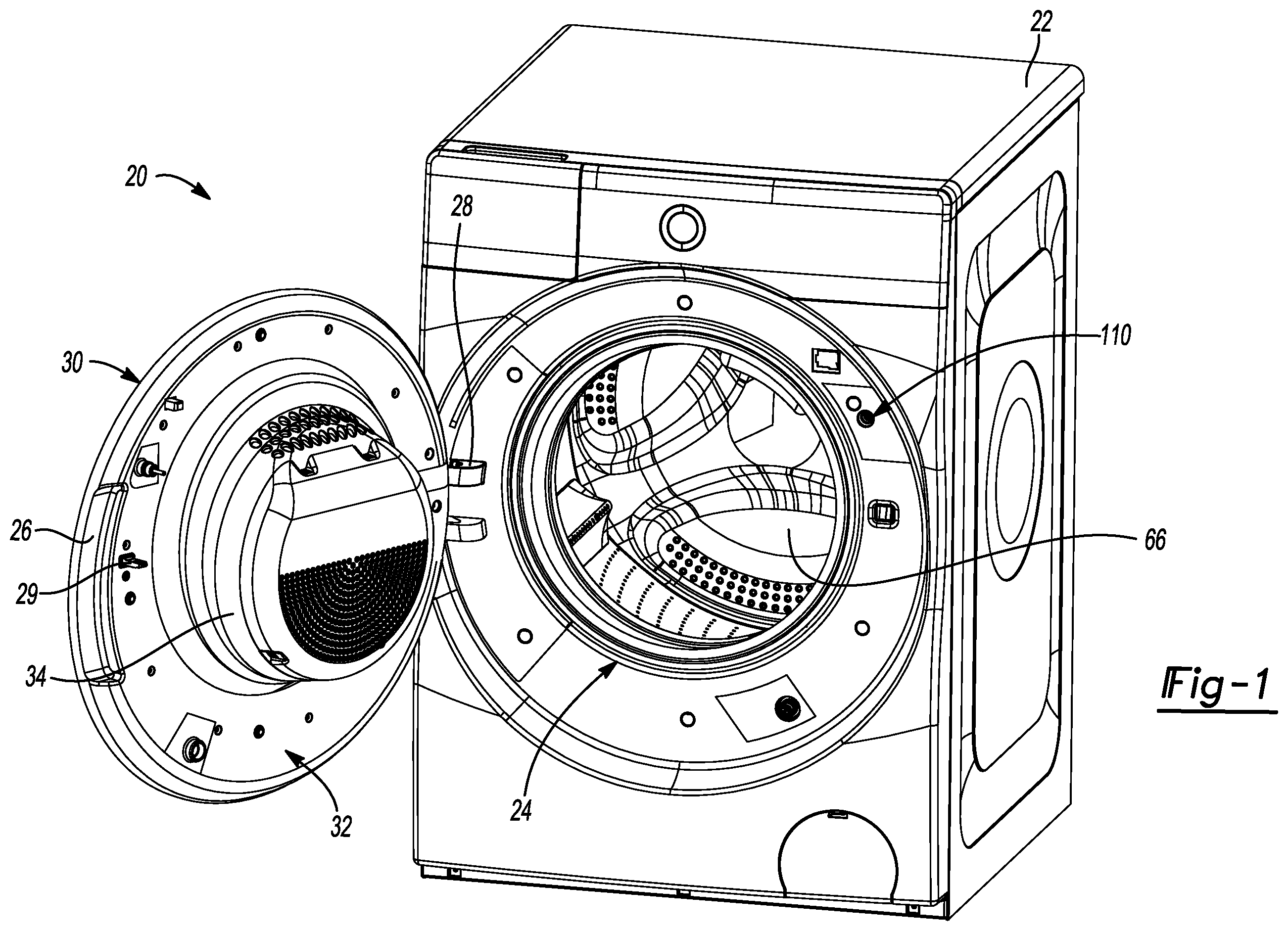 Patent US12590394 Figure 1 – Air bypass seal with backer for improved drying performance in a combination washer/dryer