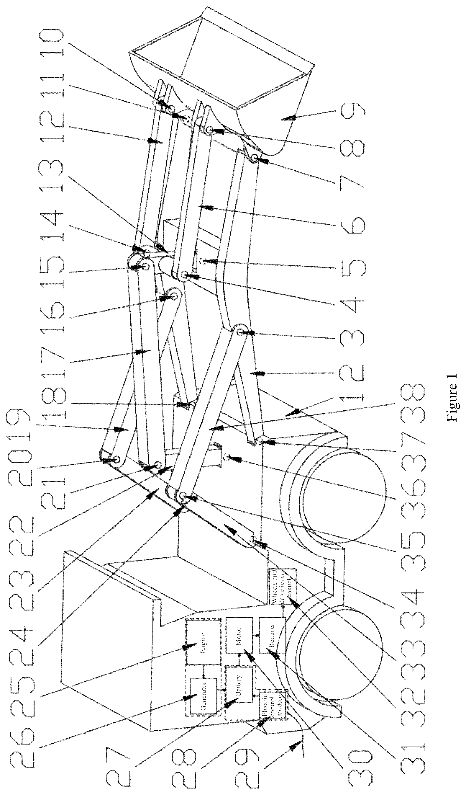 Patent US12590434 — Range-extended numerical controlled link mechanism electric loader — Figure 1