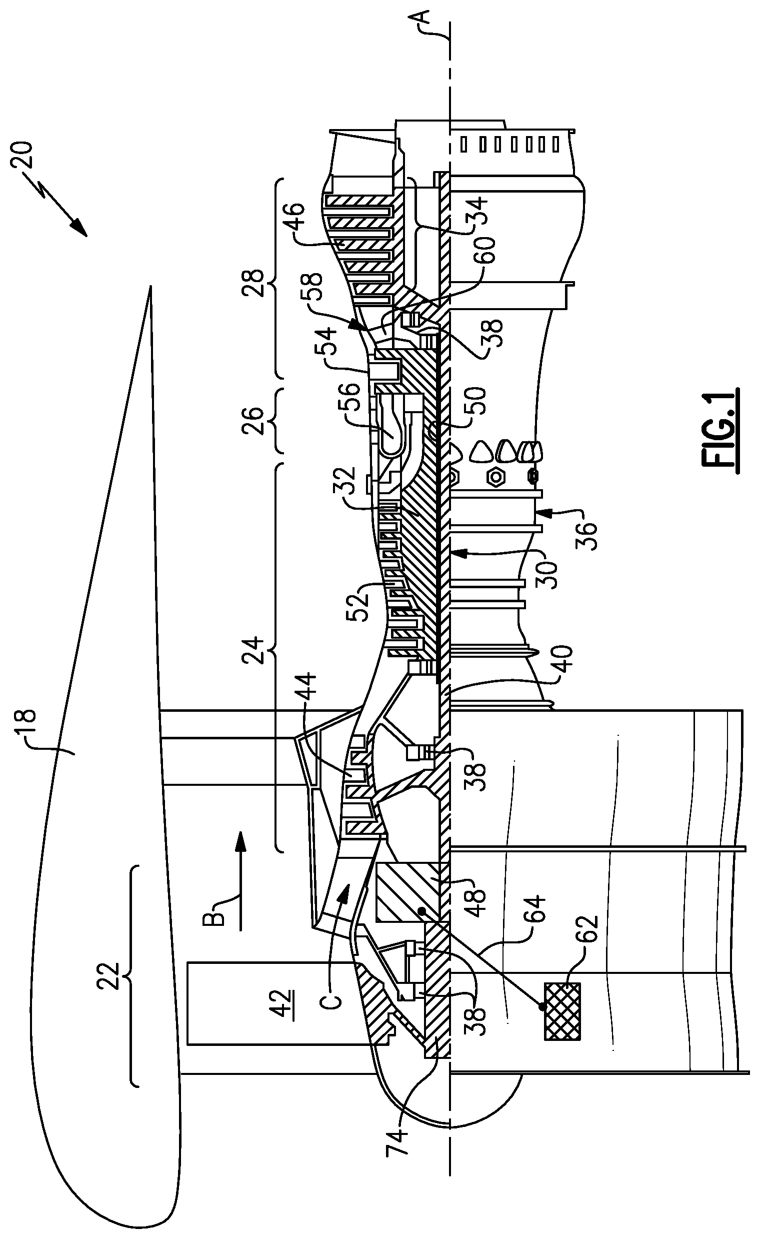 Patent US12590562 — Component mounting and drive in a geared turbofan architecture — Figure 1