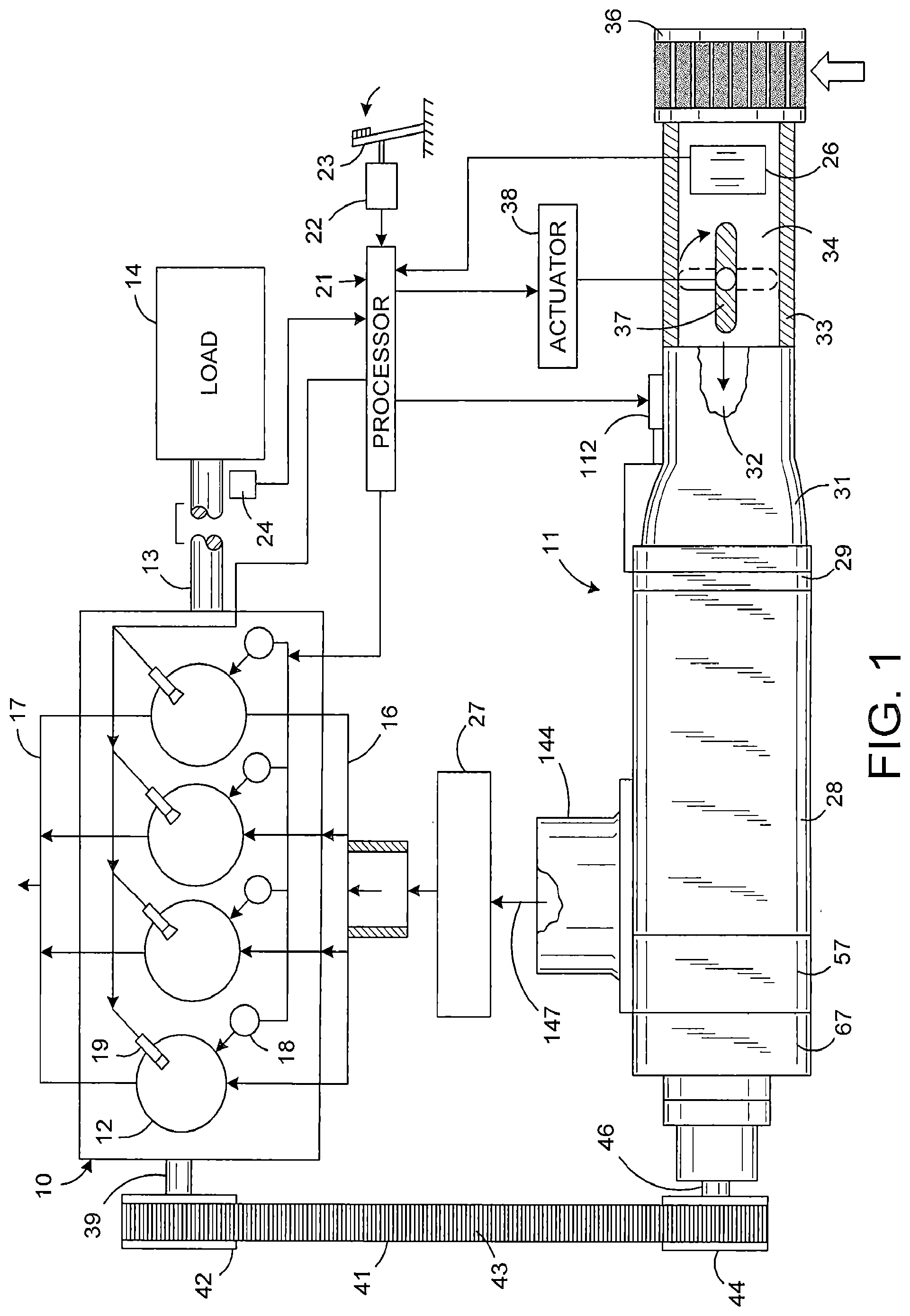 Patent US12590584 — Supercharged internal combustion engine with intake port timing shutters controlling the air mass flowing into the supercharger — Figure 1