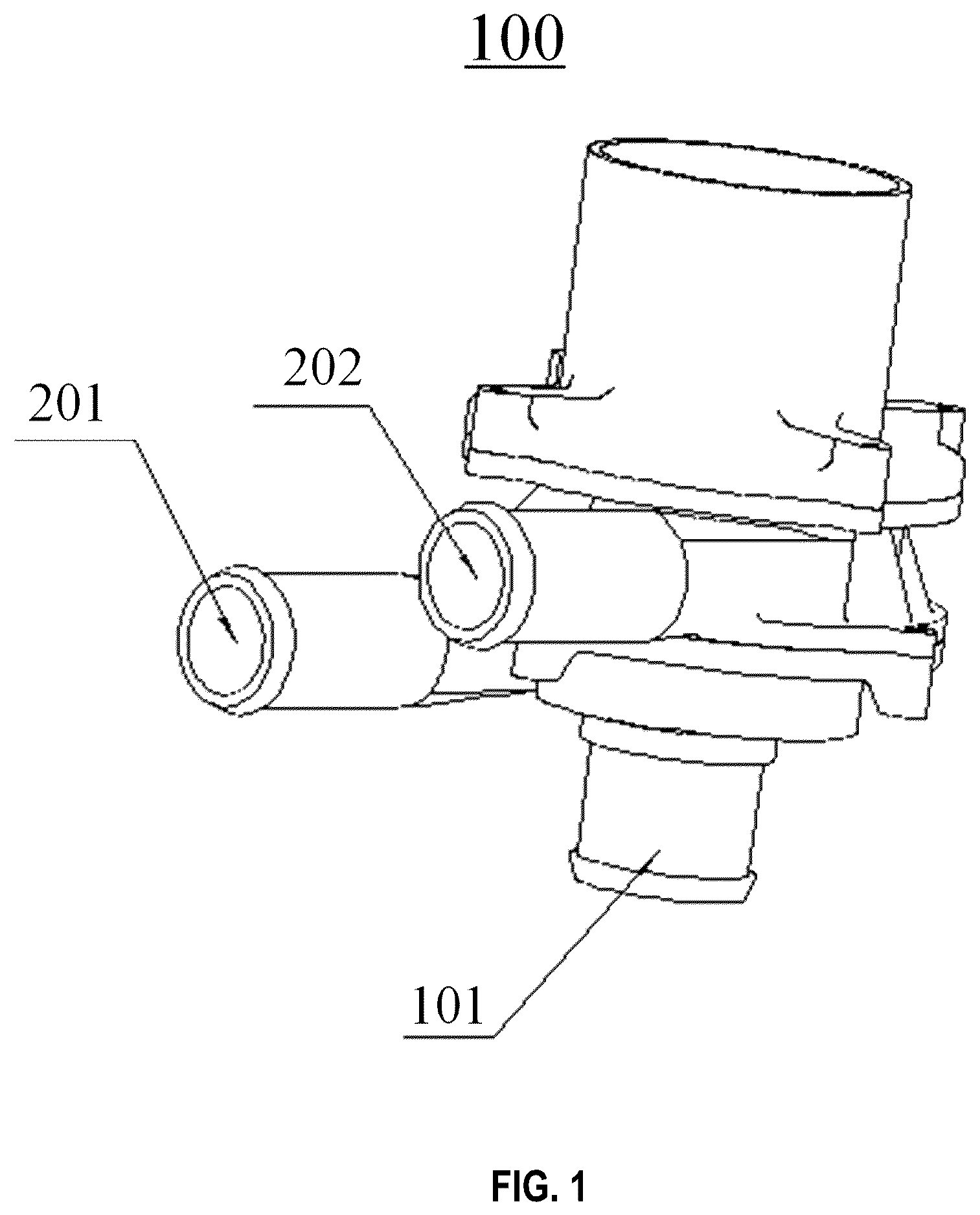 Patent US12590587 — Water pump with one inlet and two outlets — Figure 1