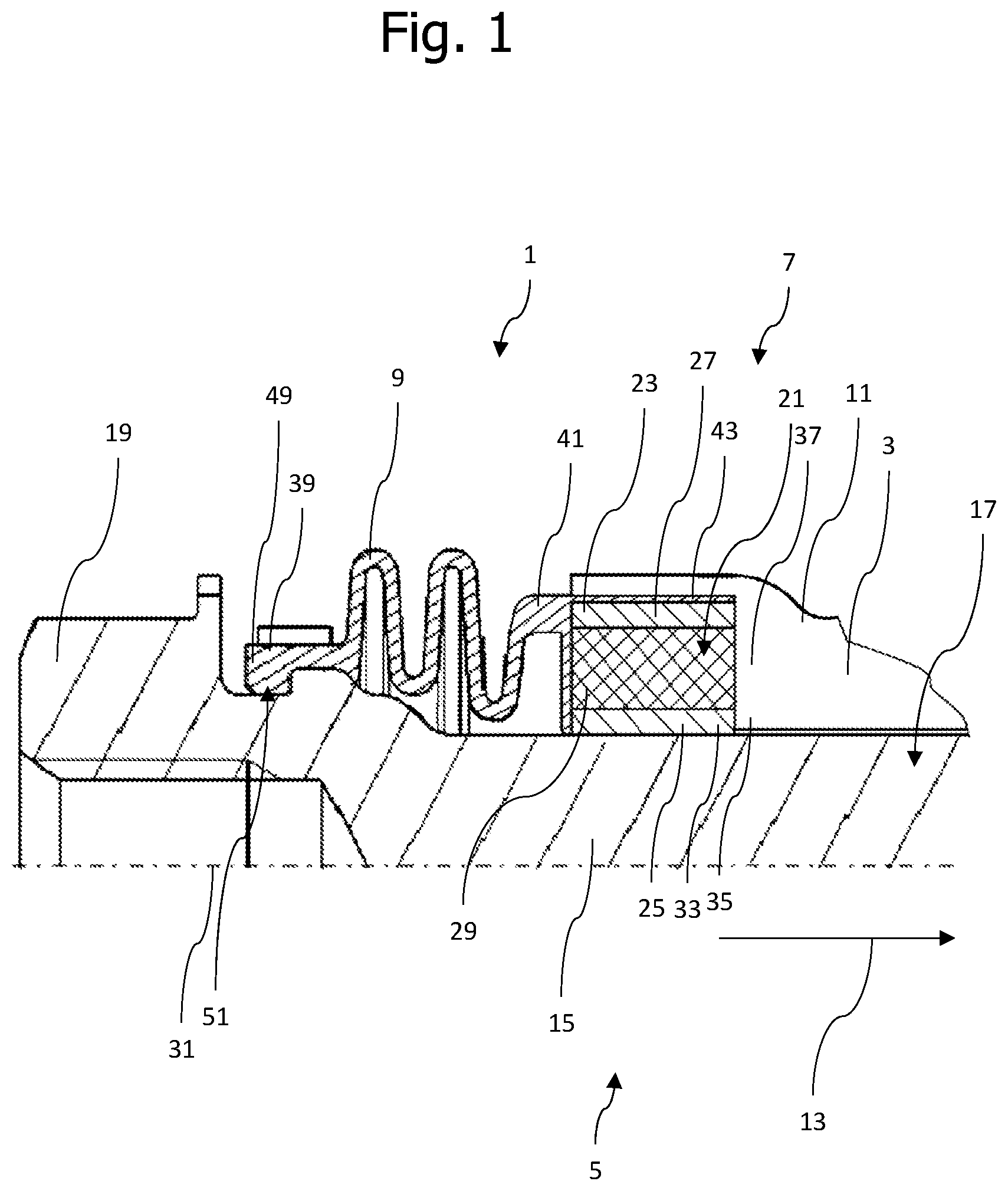 Patent US12590614 — Floating caliper brake having two metal sections and one elastomer section — Figure 1