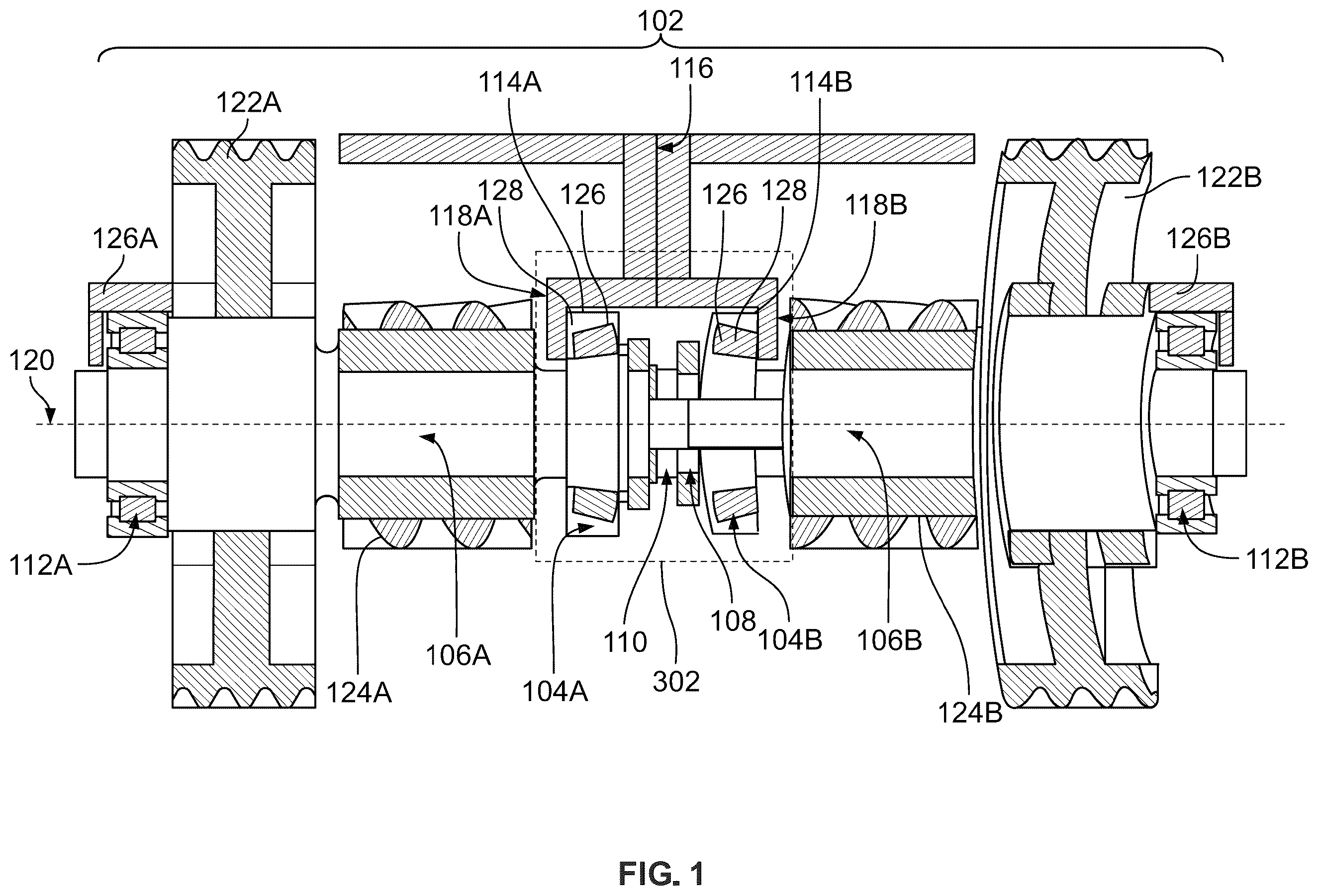Patent US12590628 Figure 1 – Dual gearbox central bearing layout
