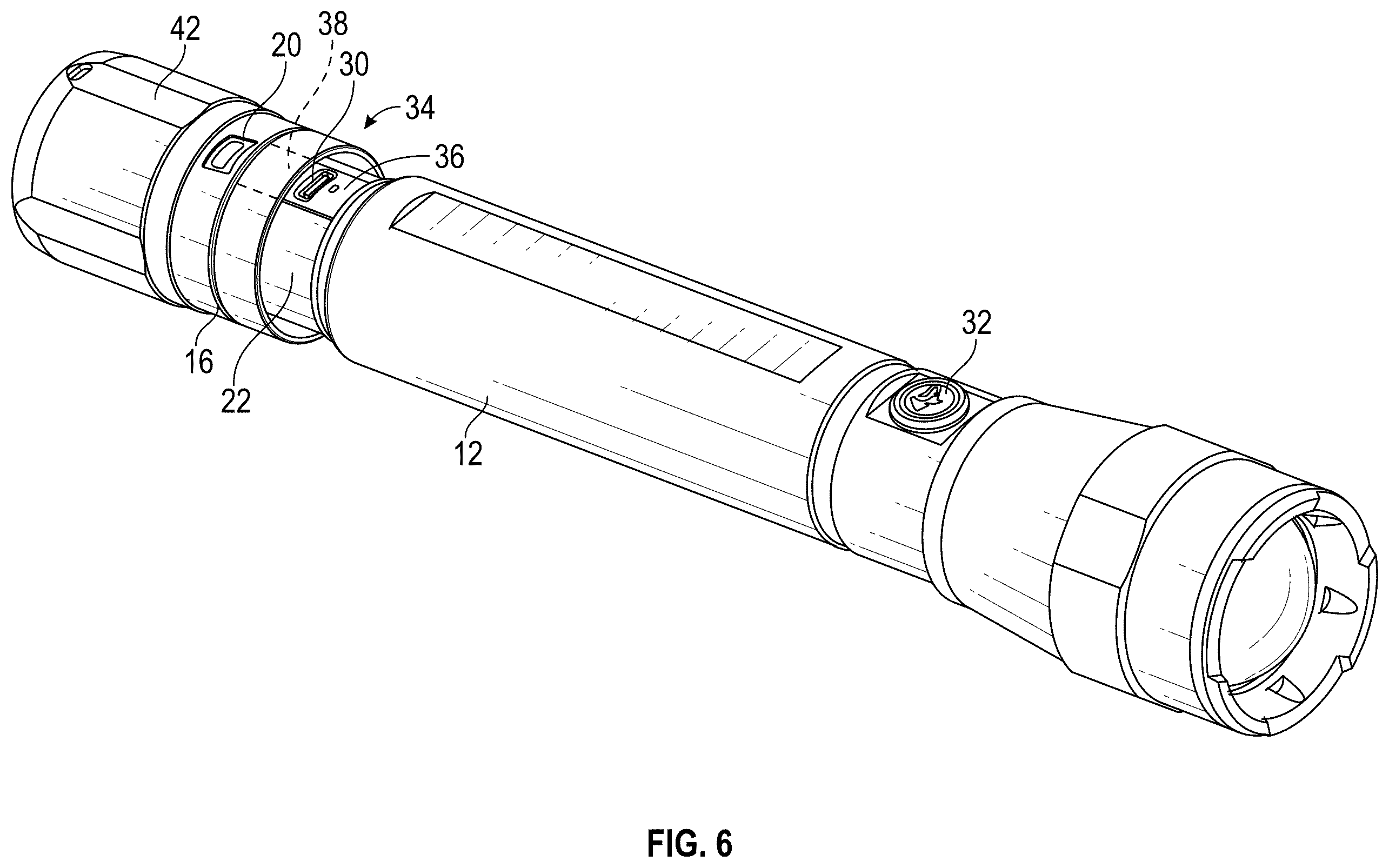 Patent US12590681 Figure 6 – Flashlight with rechargeable battery assembly