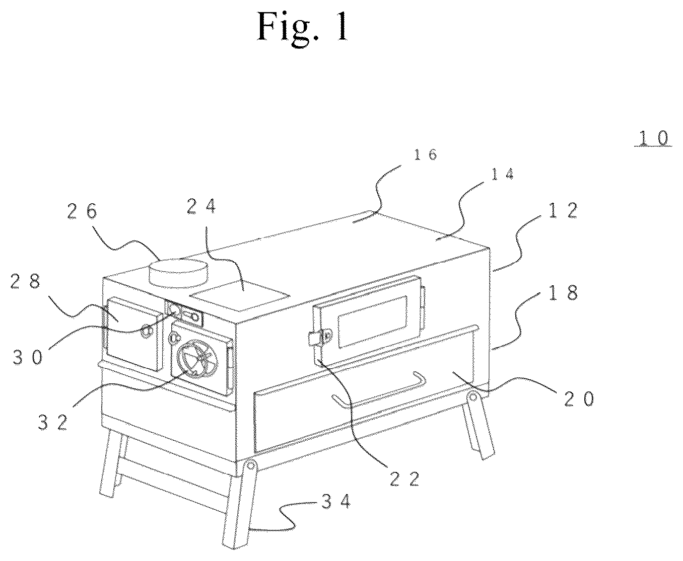 Patent US12590704 Figure 1 – Wood stove