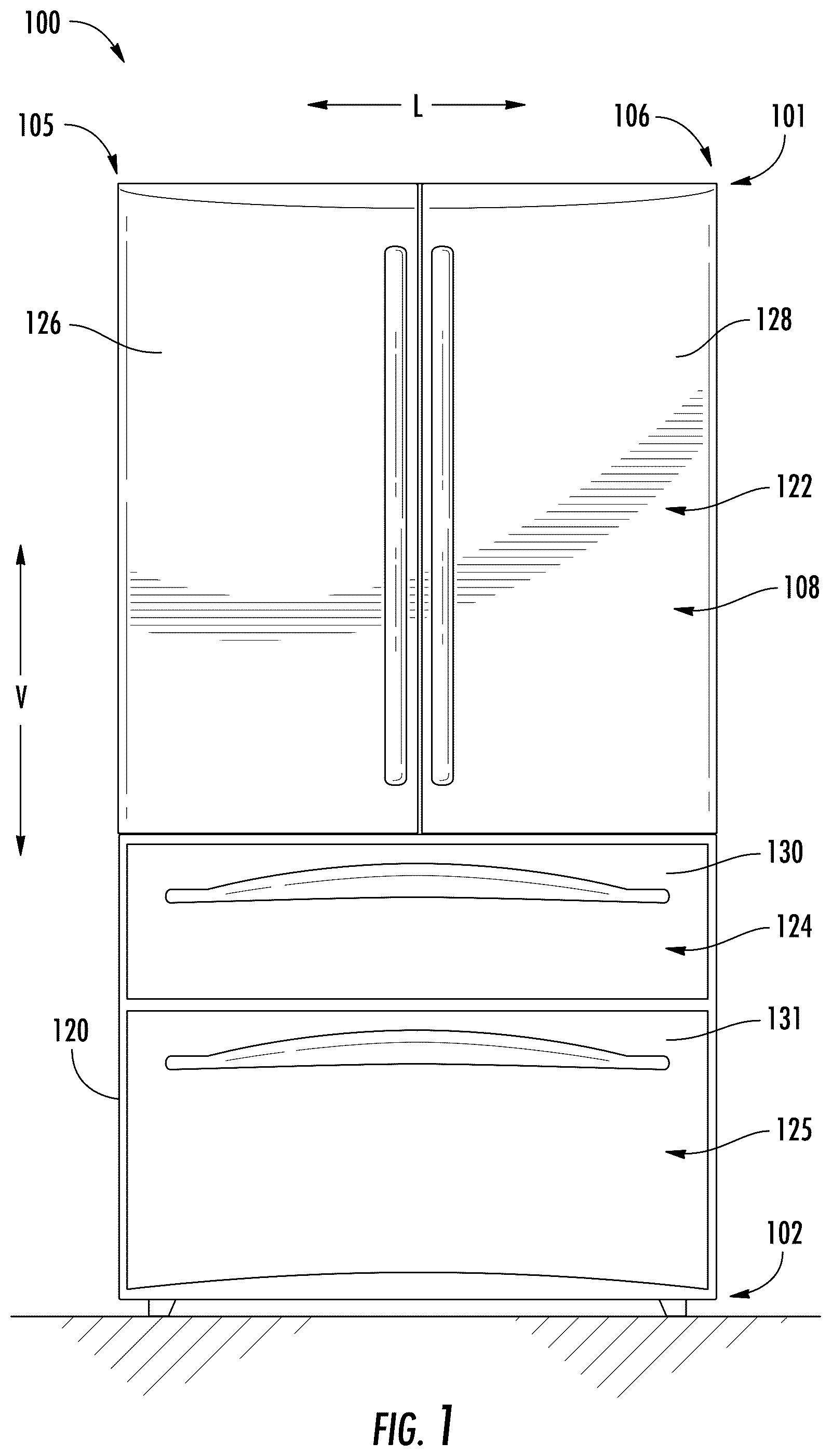Patent US12590755 — Mullion guide element for a refrigerator appliance — Figure 1