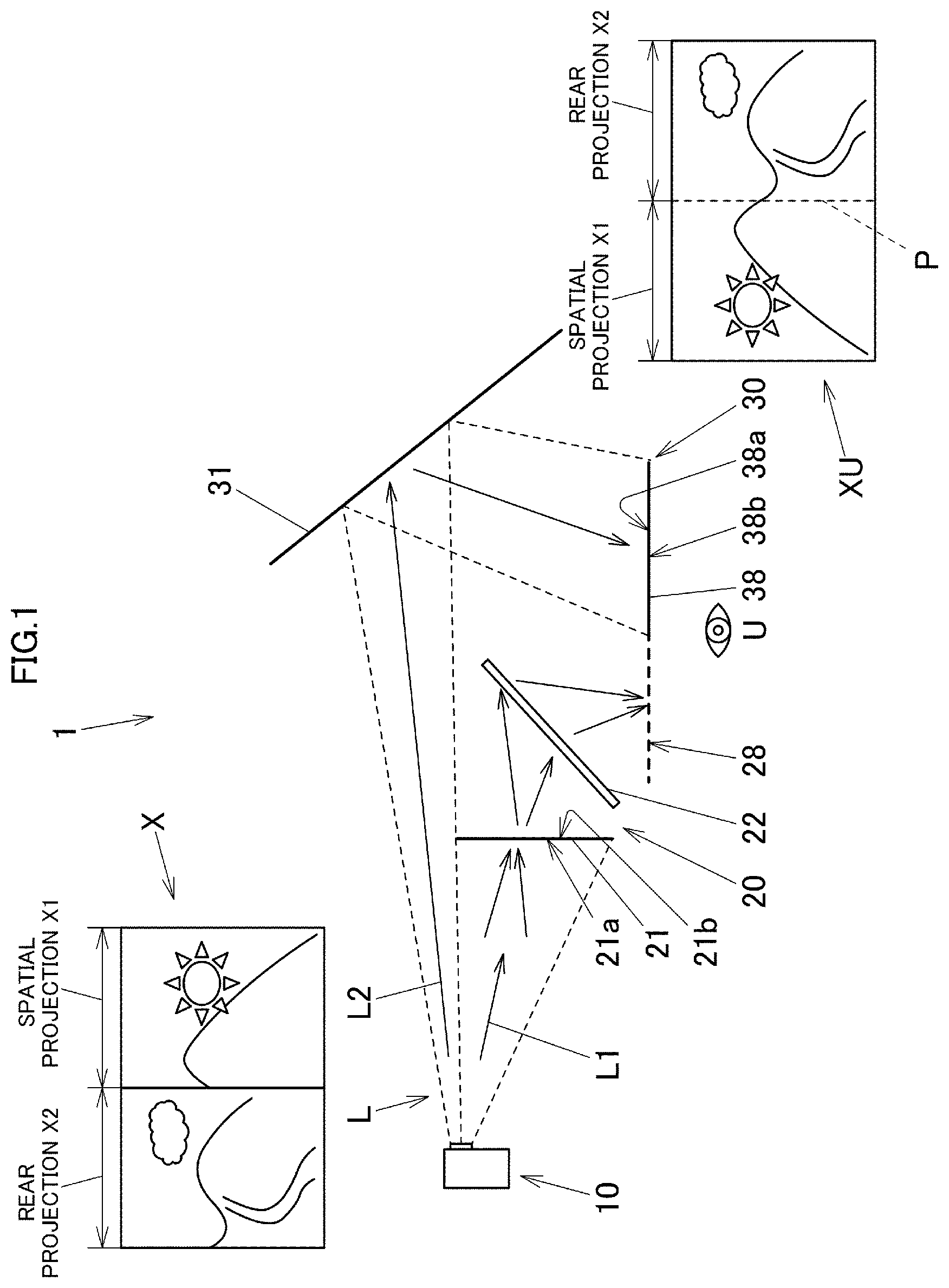Patent US12591146 — Projector and projection method for forming images on aerial projection region and real projection surface — Figure 1