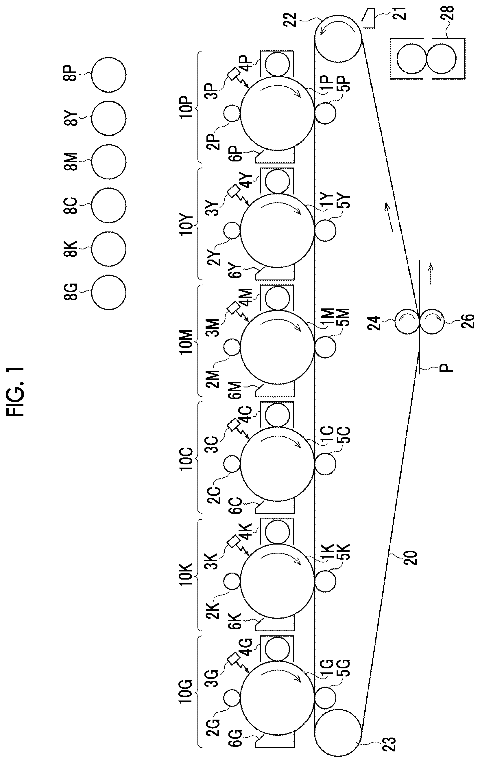 Patent US12591185 — Fluorescent green toner, electrostatic charge image developer, toner cartridge, process cartridge, image forming apparatus, and image forming method — Figure 1
