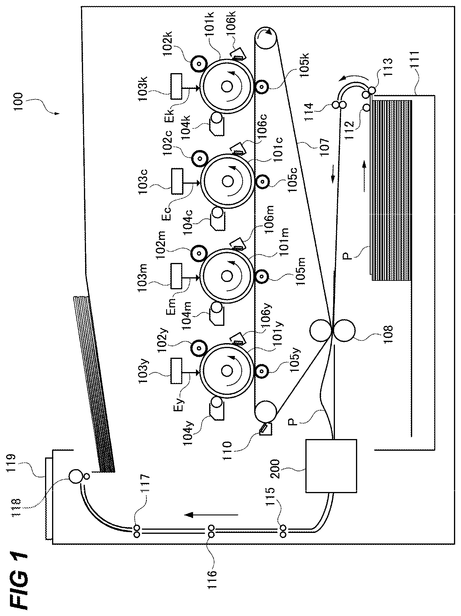 Patent US12591193 — Fixing device including first and second heating members disposed at different locations along a traveling direction of a recording material — Figure 1