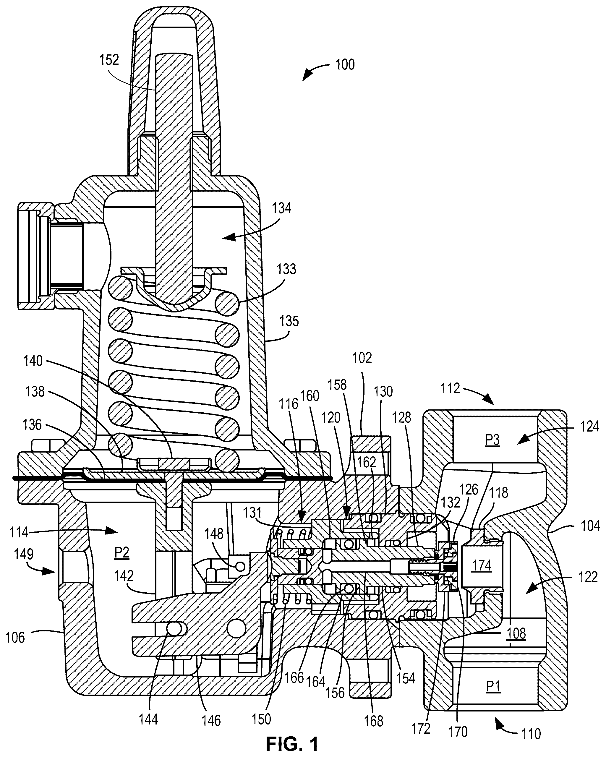 Patent US12591257 Figure 1 – Pressure regulators with pivotable valve disk assemblies
