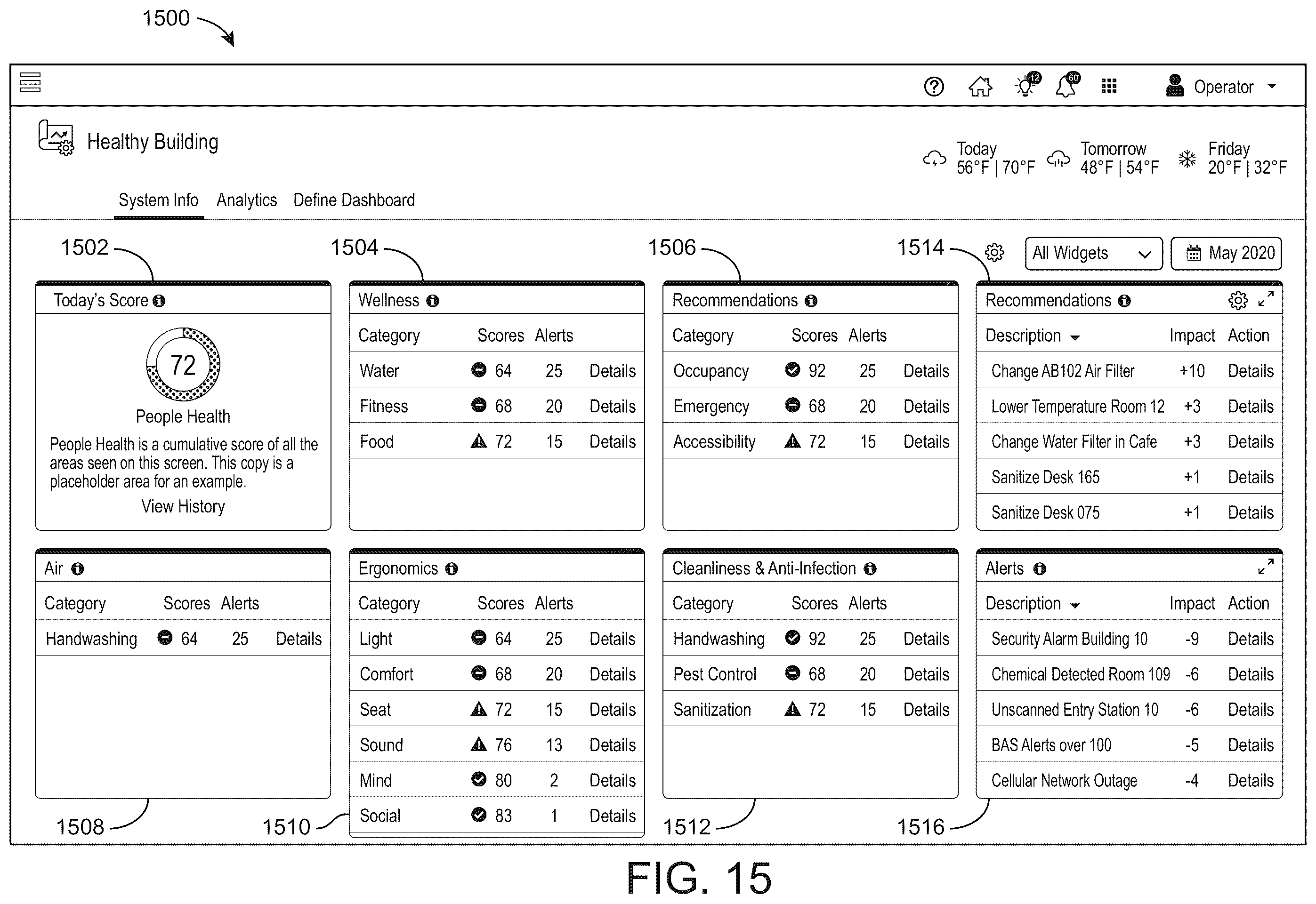 Patent US12591835 Figure 18 – Building system with building health recommendations