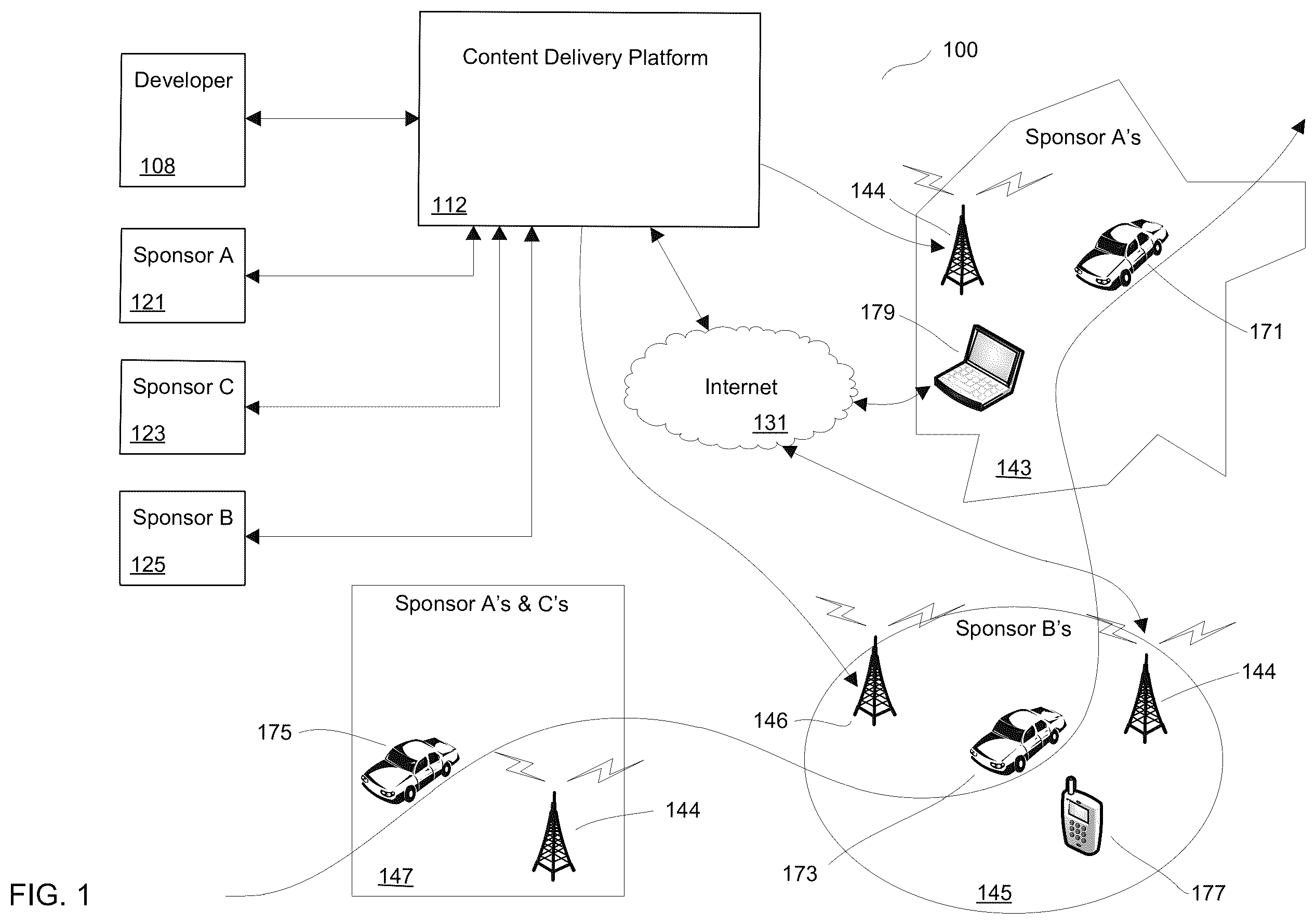 Patent US12591912 — Exclusive delivery of content within geographic areas — Figure 1
