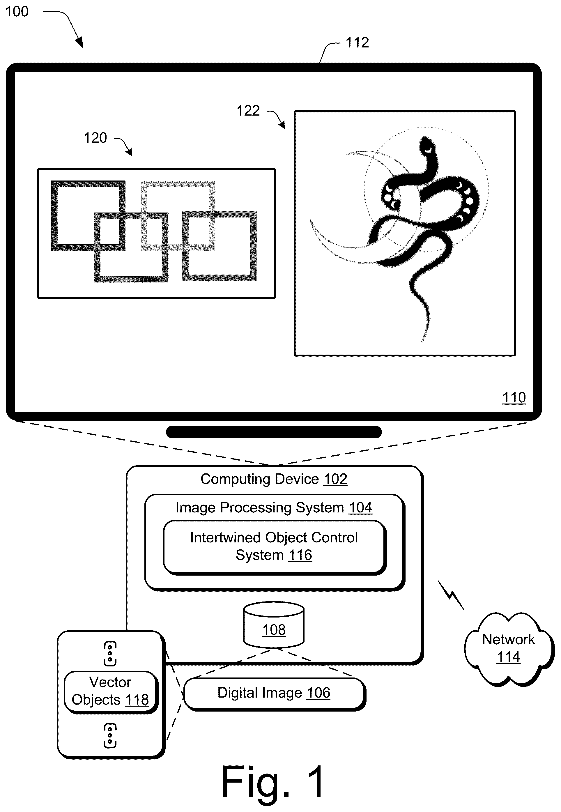 Patent US12592011 Figure 1 – Digital representation of intertwined vector objects