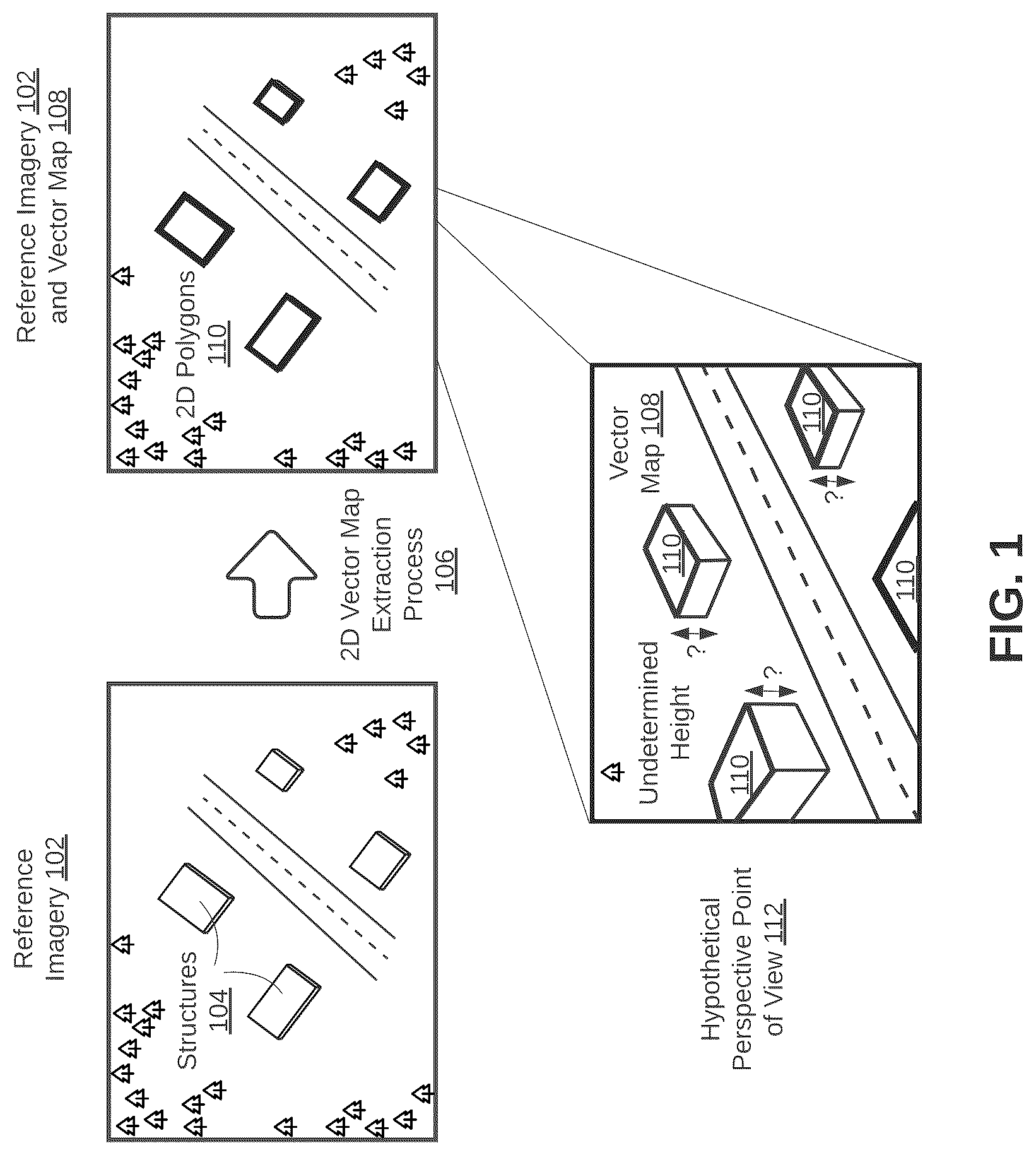 Patent US12592039 — Vector data projection and feature matching to determine three-dimensional structure — Figure 1