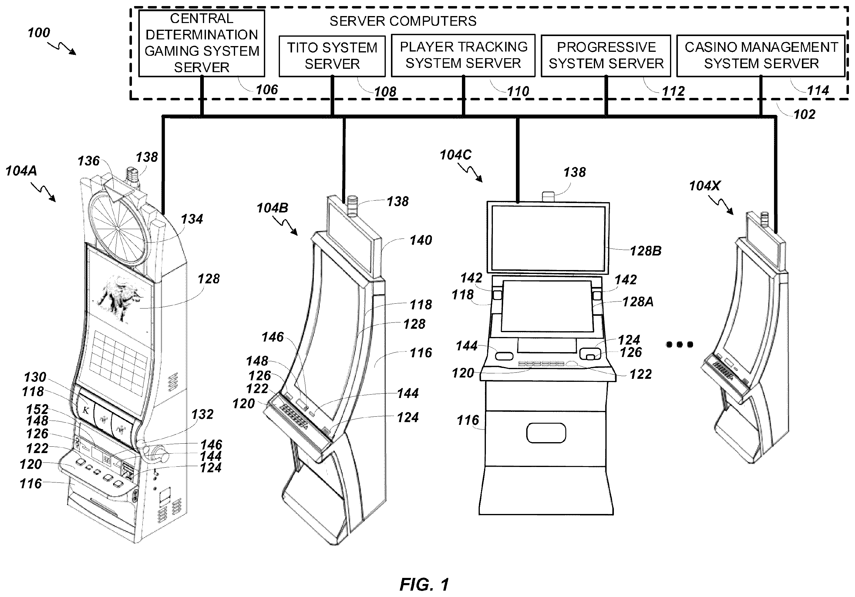Patent US12592129 — Electronic gaming machine with symbols streaming adjacent an active reel matrix with reel expansion and symbol absorption processes — Figure 1