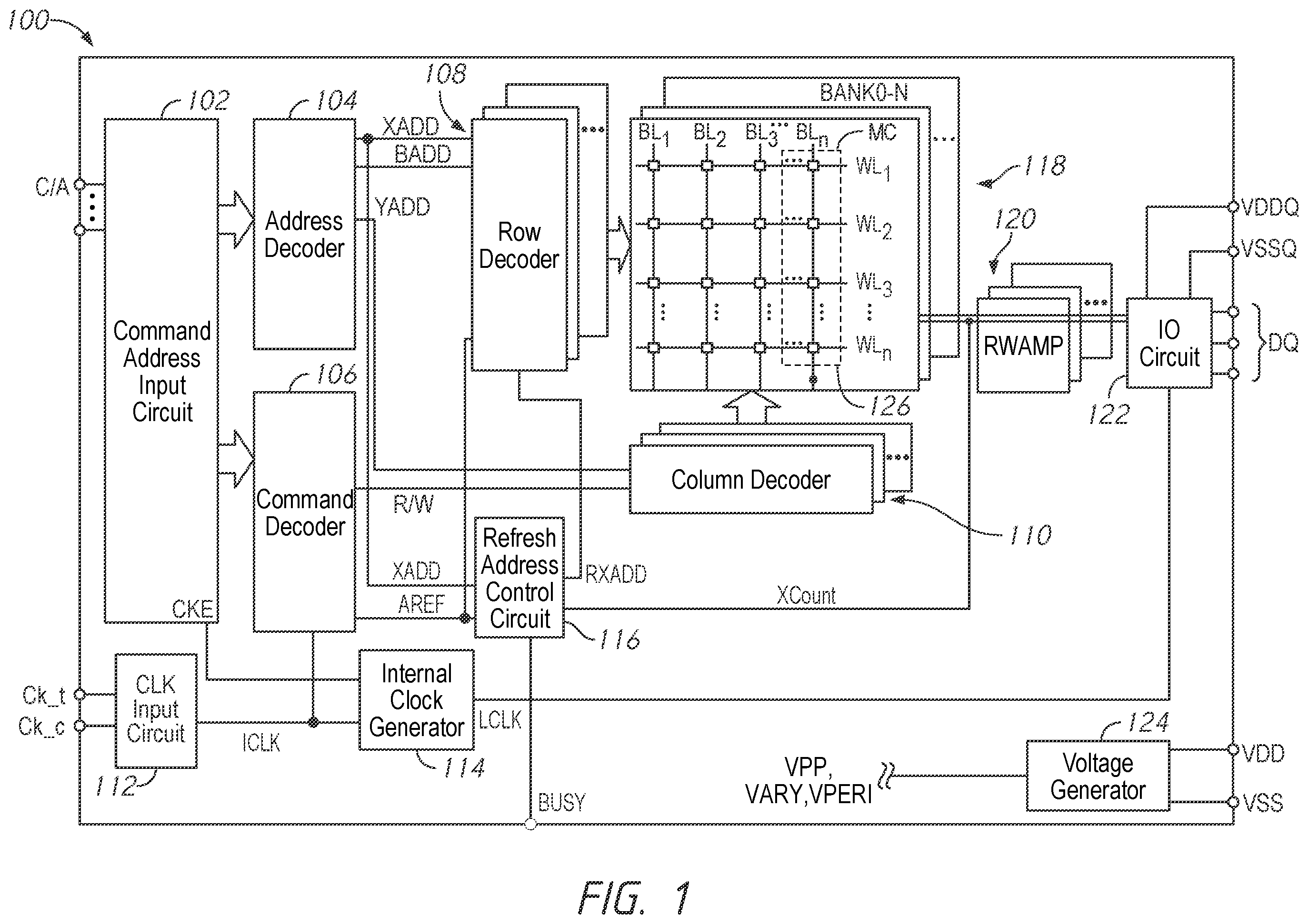 Patent US12592271 — Apparatuses and methods for increased reliability row hammer counts — Figure 1
