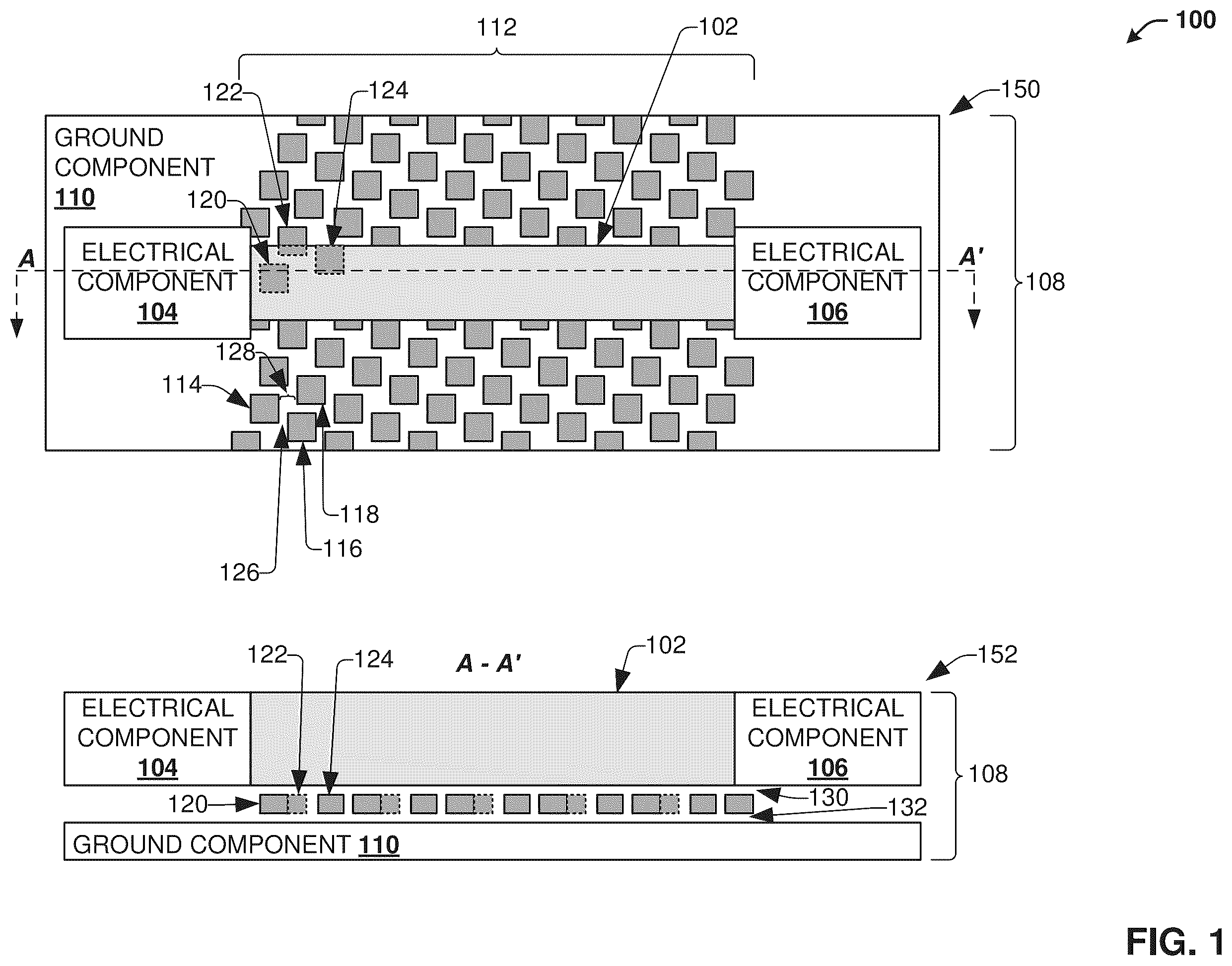 Patent US12592467 — Resistive stabilization of a transmission line using a group of conductive fill components which are adjacent to and separated from the transmission line — Figure 1