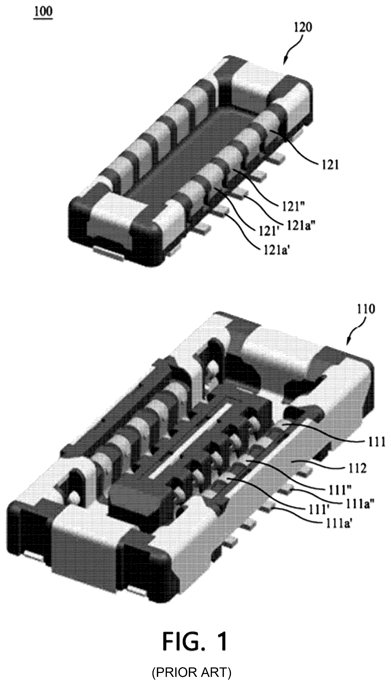 Patent US12592526 — Board connector with shielding between radio frequency terminals and non-radio frequency terminals — Figure 1