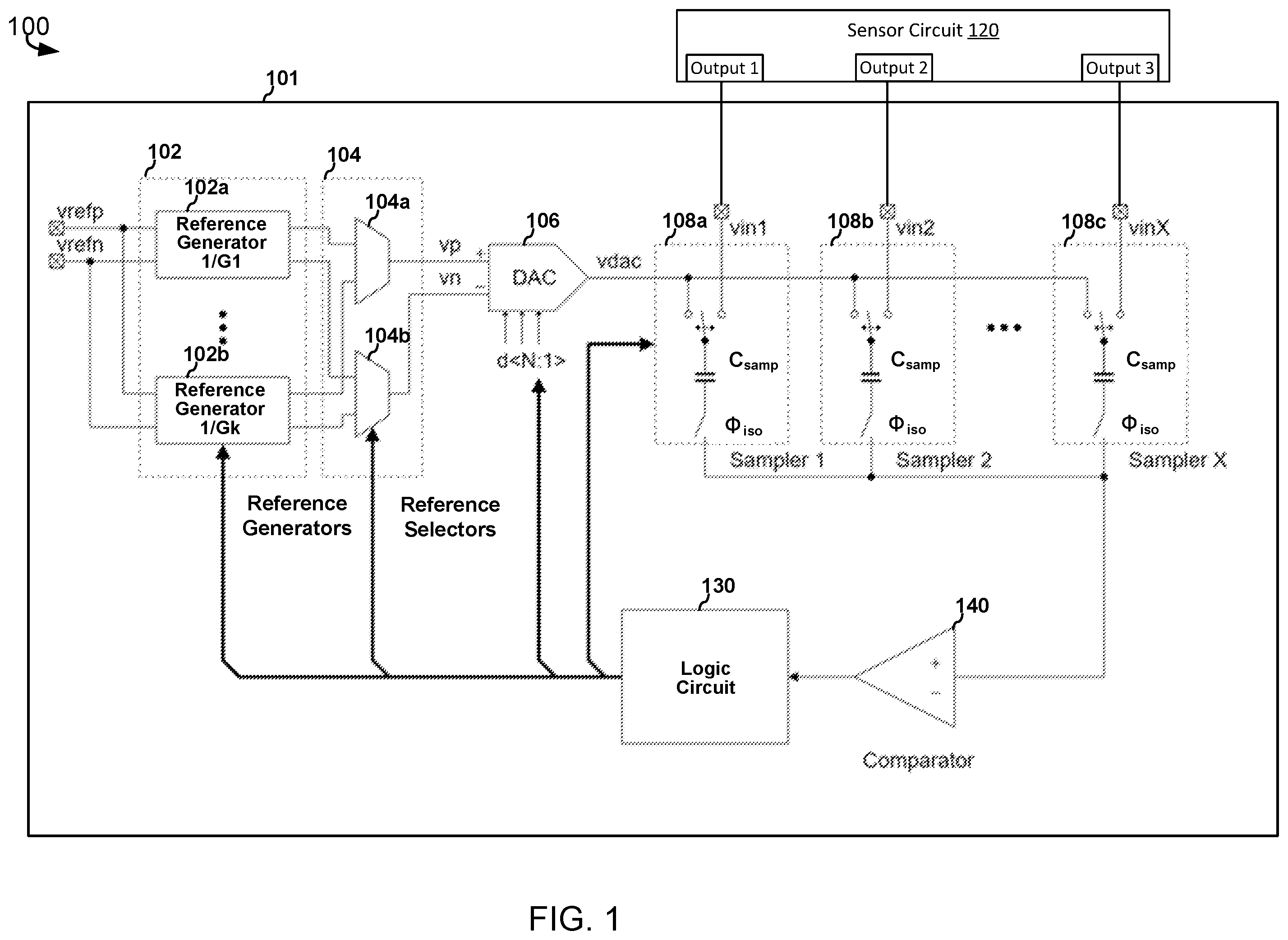 Patent US12592715 Figure 1 – Post-sampling selectable gain in sample and hold analog-to-digital converters