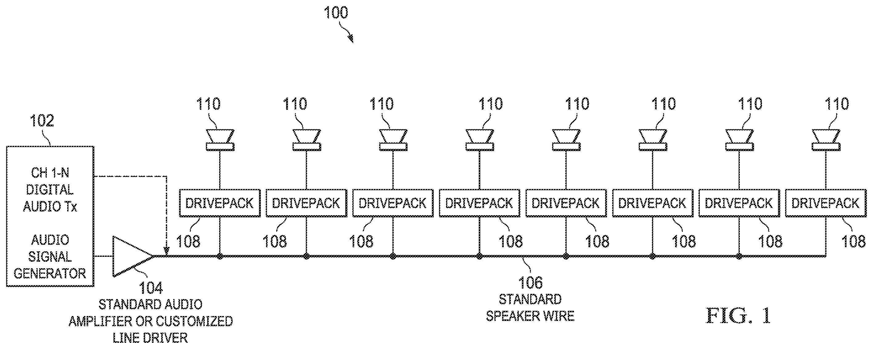Patent US12592789 — Hybrid clocking scheme for transmitting packetized audio and power over a common conductor — Figure 1