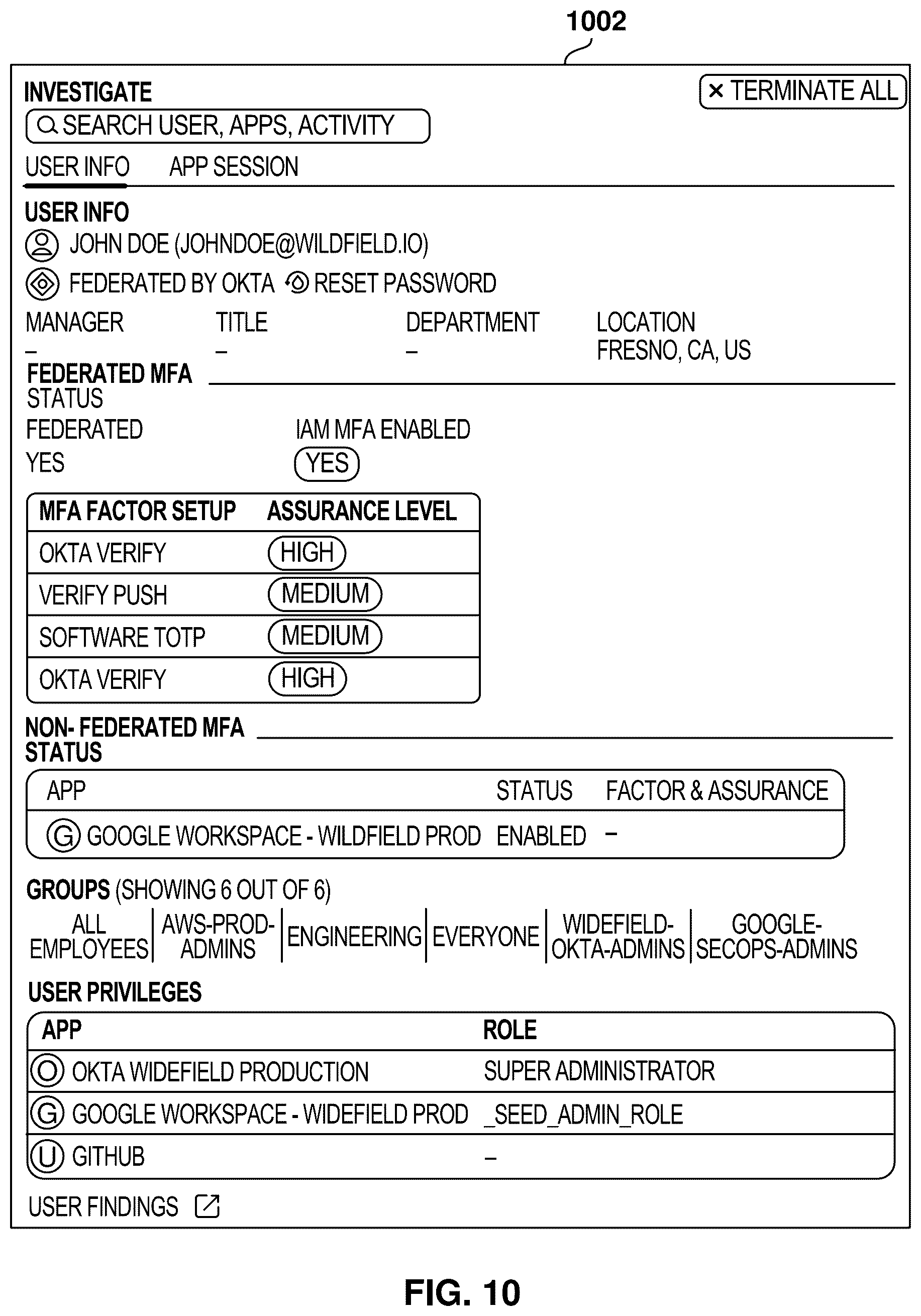 Patent US12592943 Figure 10 – Session analysis for identity posture management and security