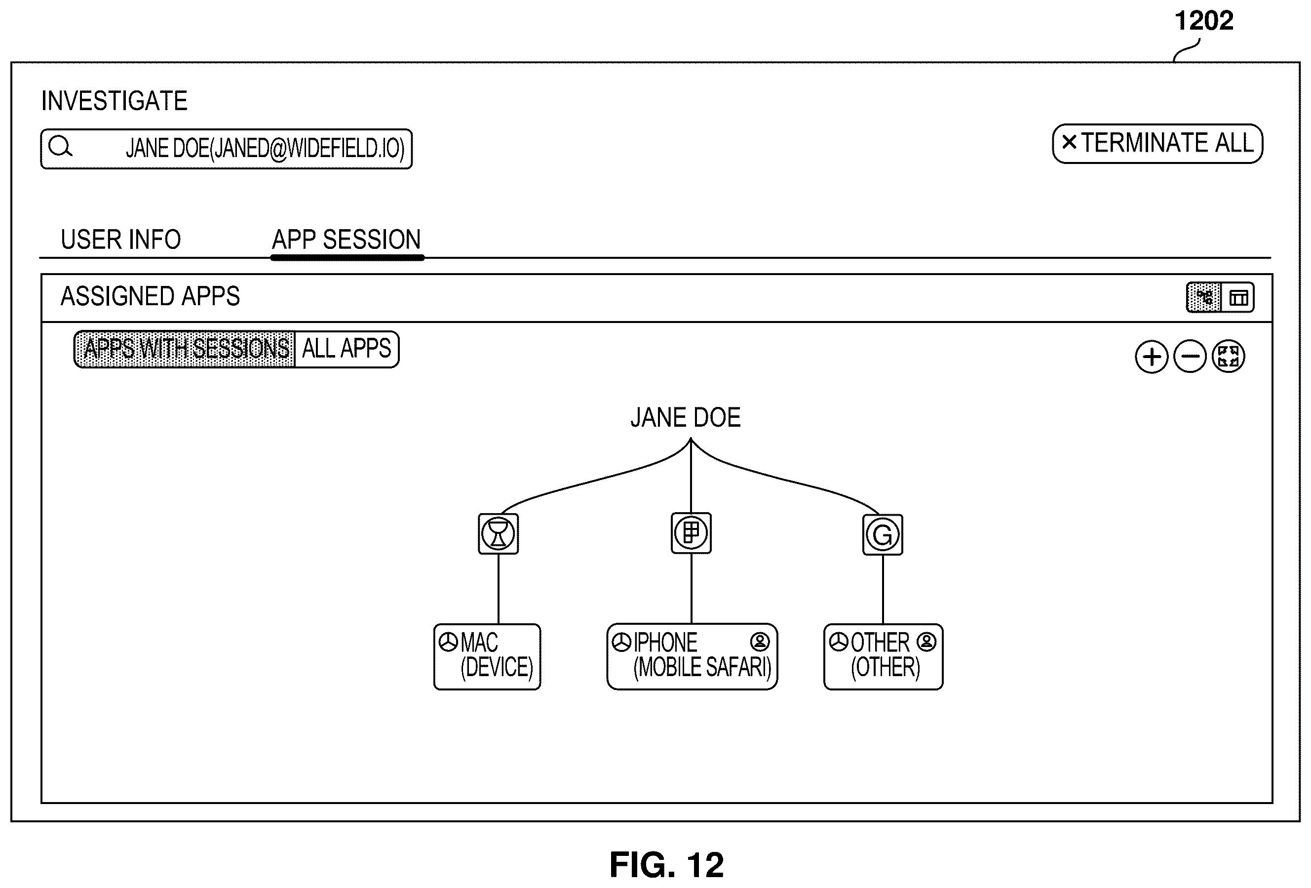 Patent US12592943 Figure 12 – Session analysis for identity posture management and security