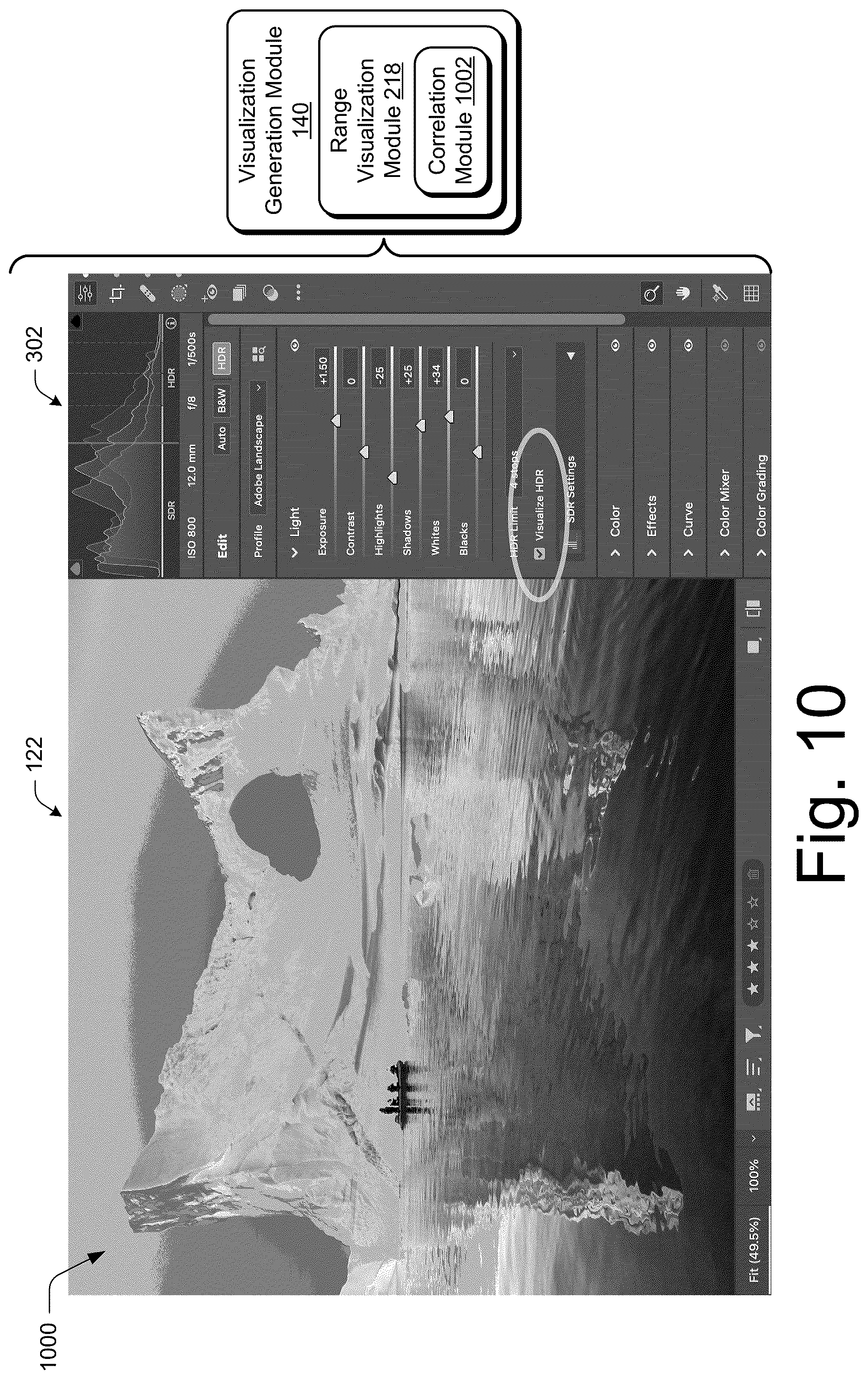 Patent US12597181 Figure 10 – High dynamic range digital image editing visualizations
