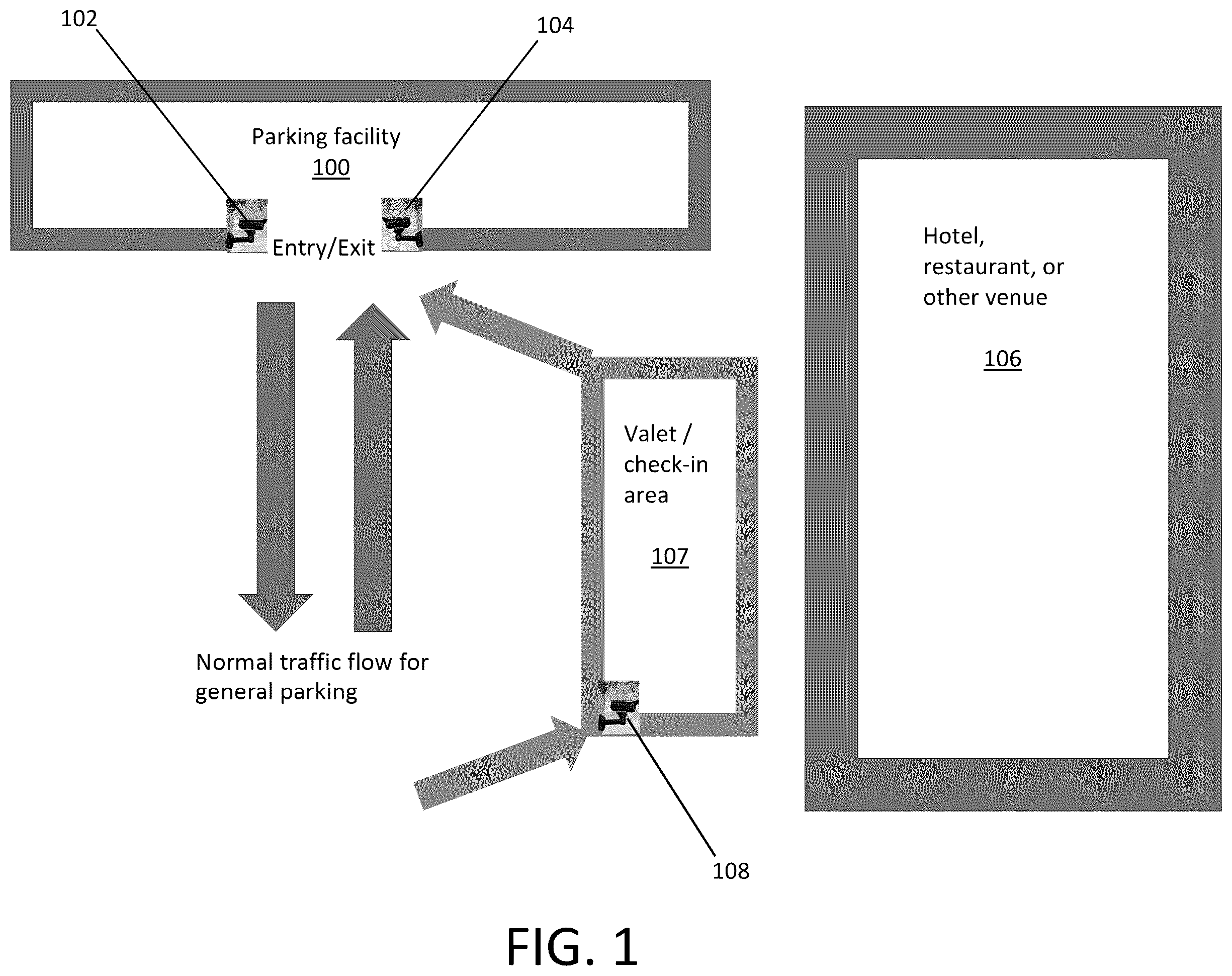 Patent US12597256 Figure 1 – Parking lot monitoring and permitting system