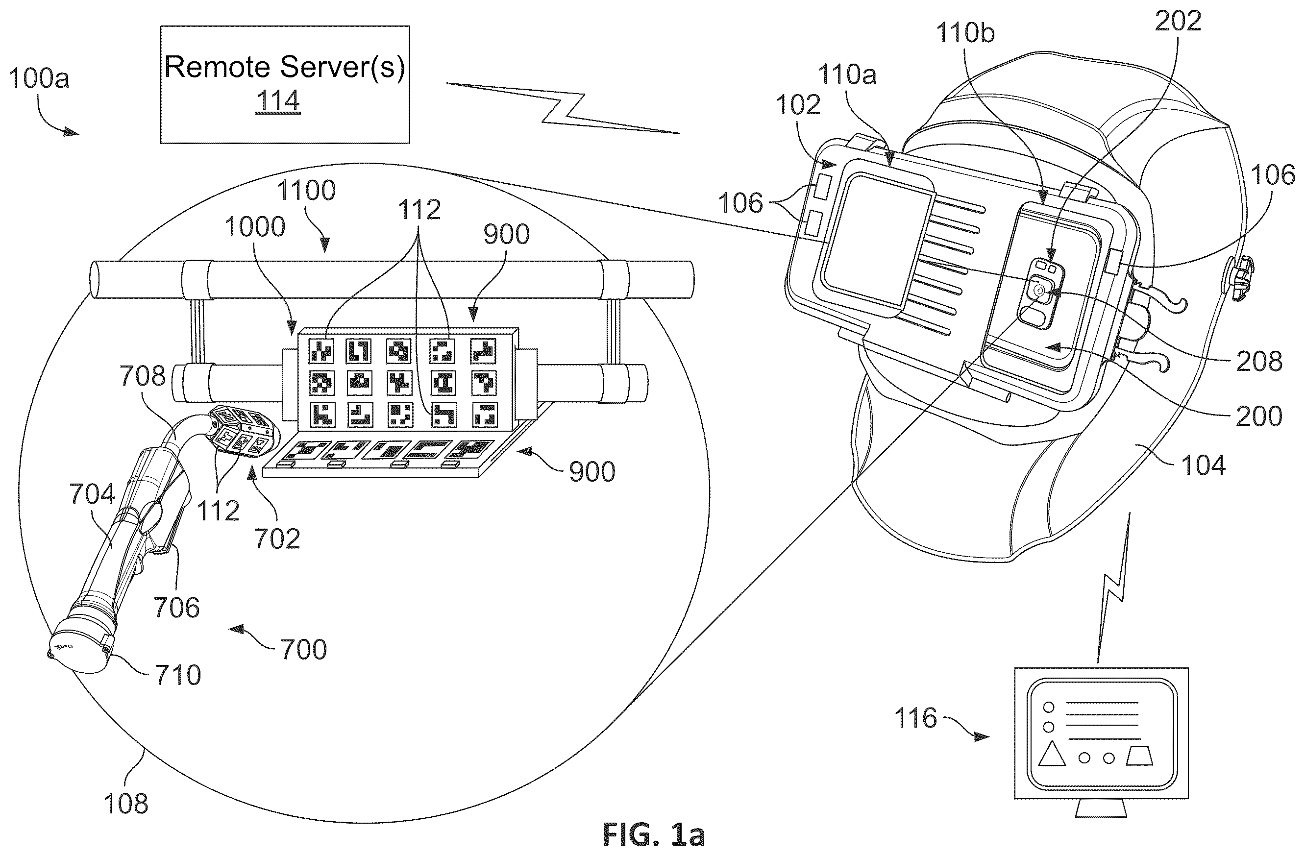 Patent US12597364 Figure 1 – Weld training simulations using desktop devices, modular workpieces, and simulated welding equipment