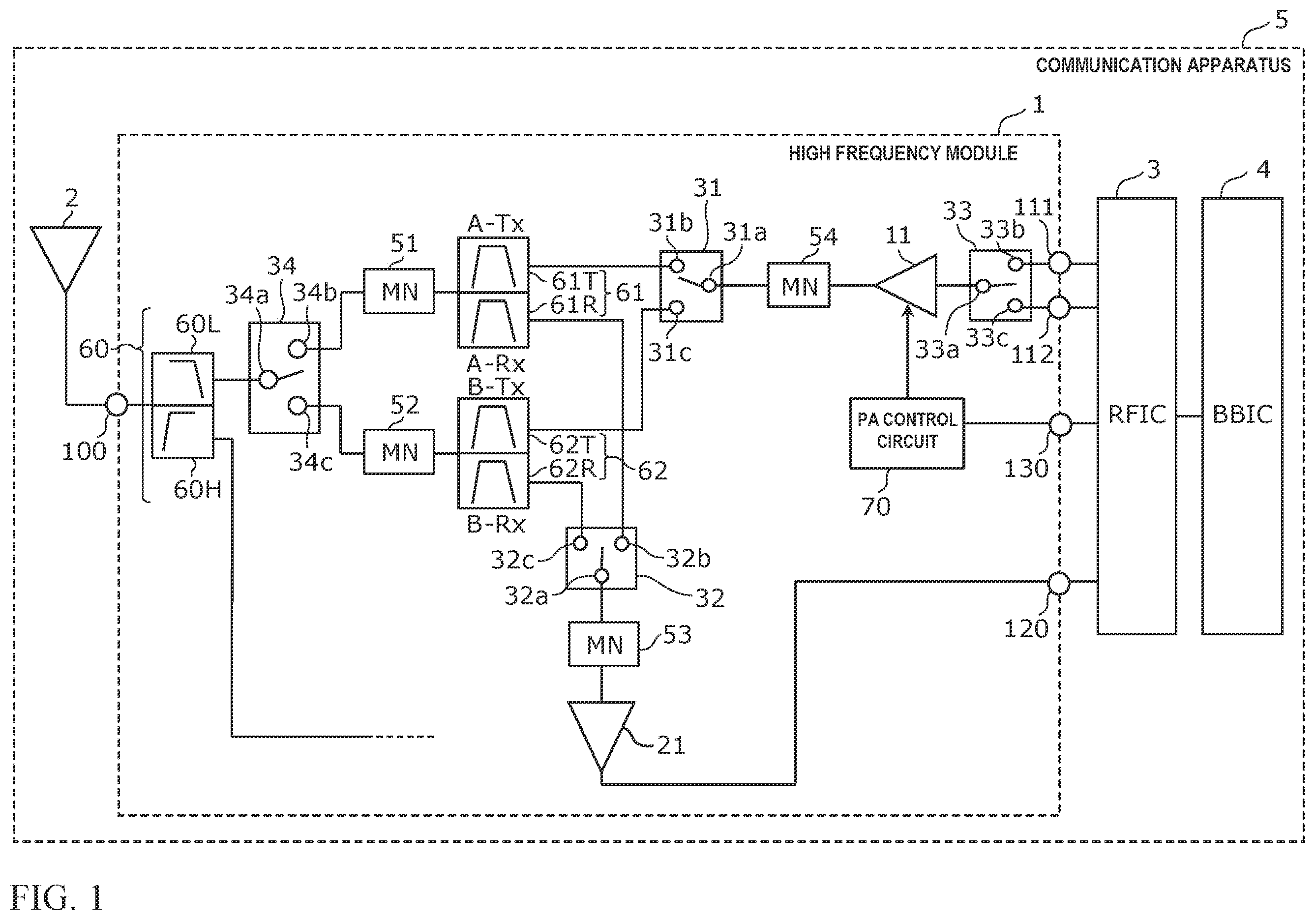Patent US12597955 Figure 1 – High frequency module and communication apparatus