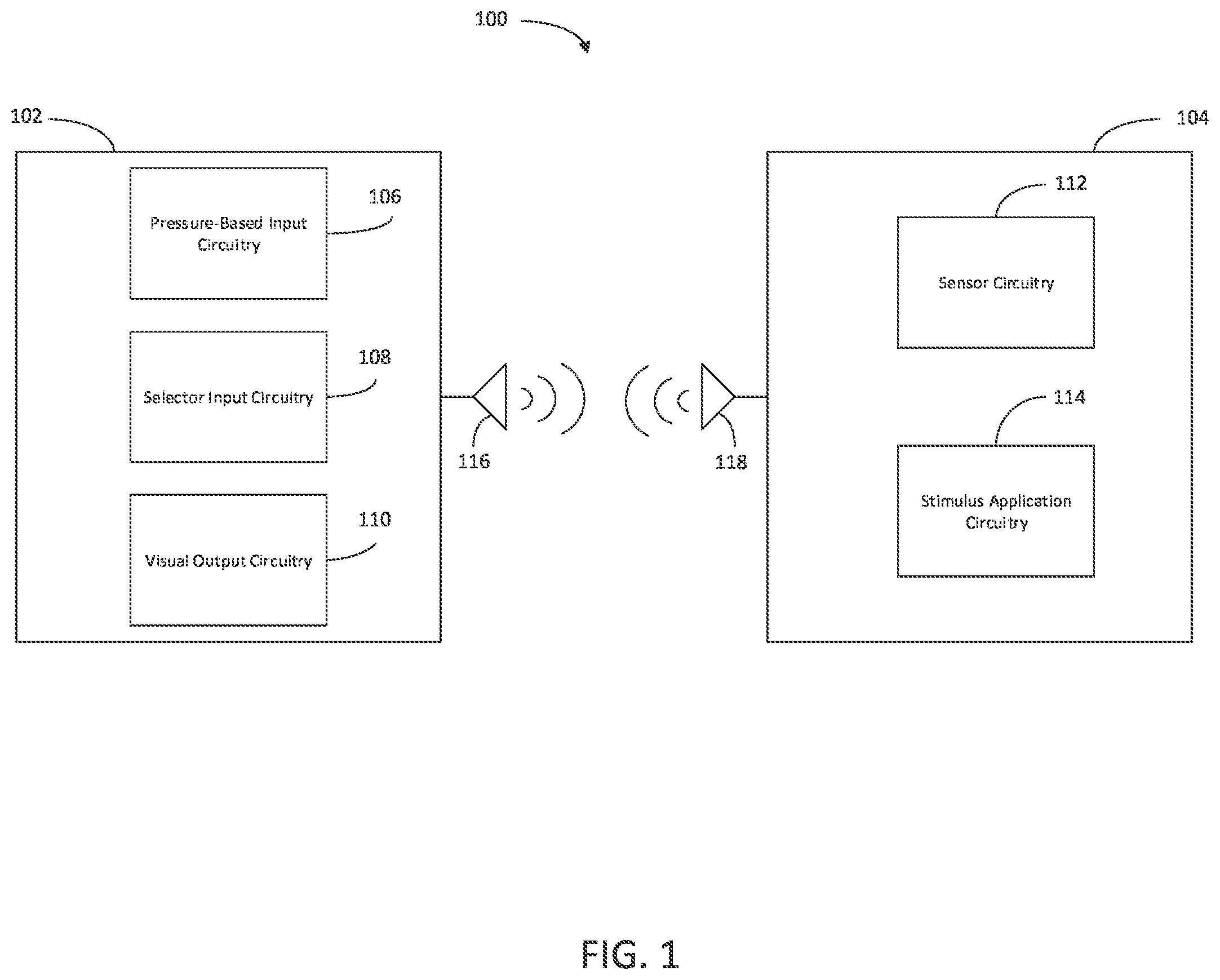 Patent US12599113 — Animal training device that controls stimulus using proportional pressure-based input — Figure 1