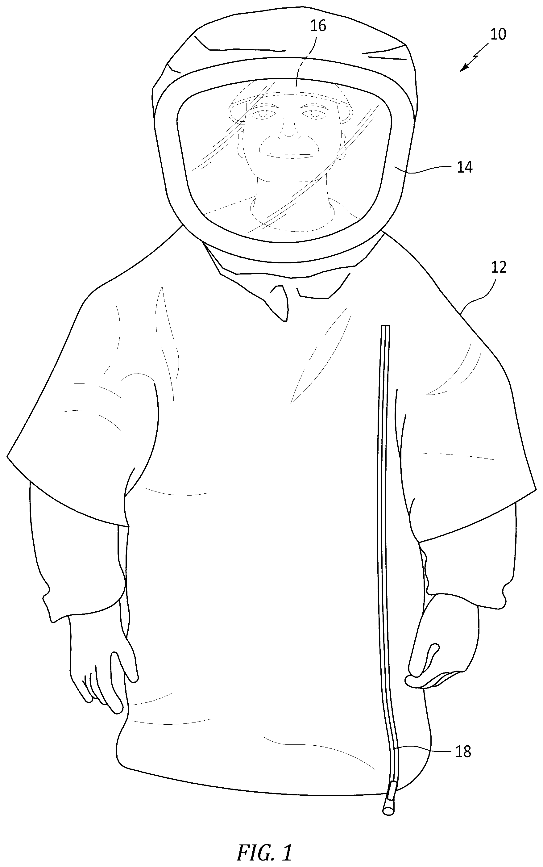 Patent US12599184 — Personal protective equipment ensemble made up of a launderable hood and an air dispersion protective face shield assembly — Figure 1