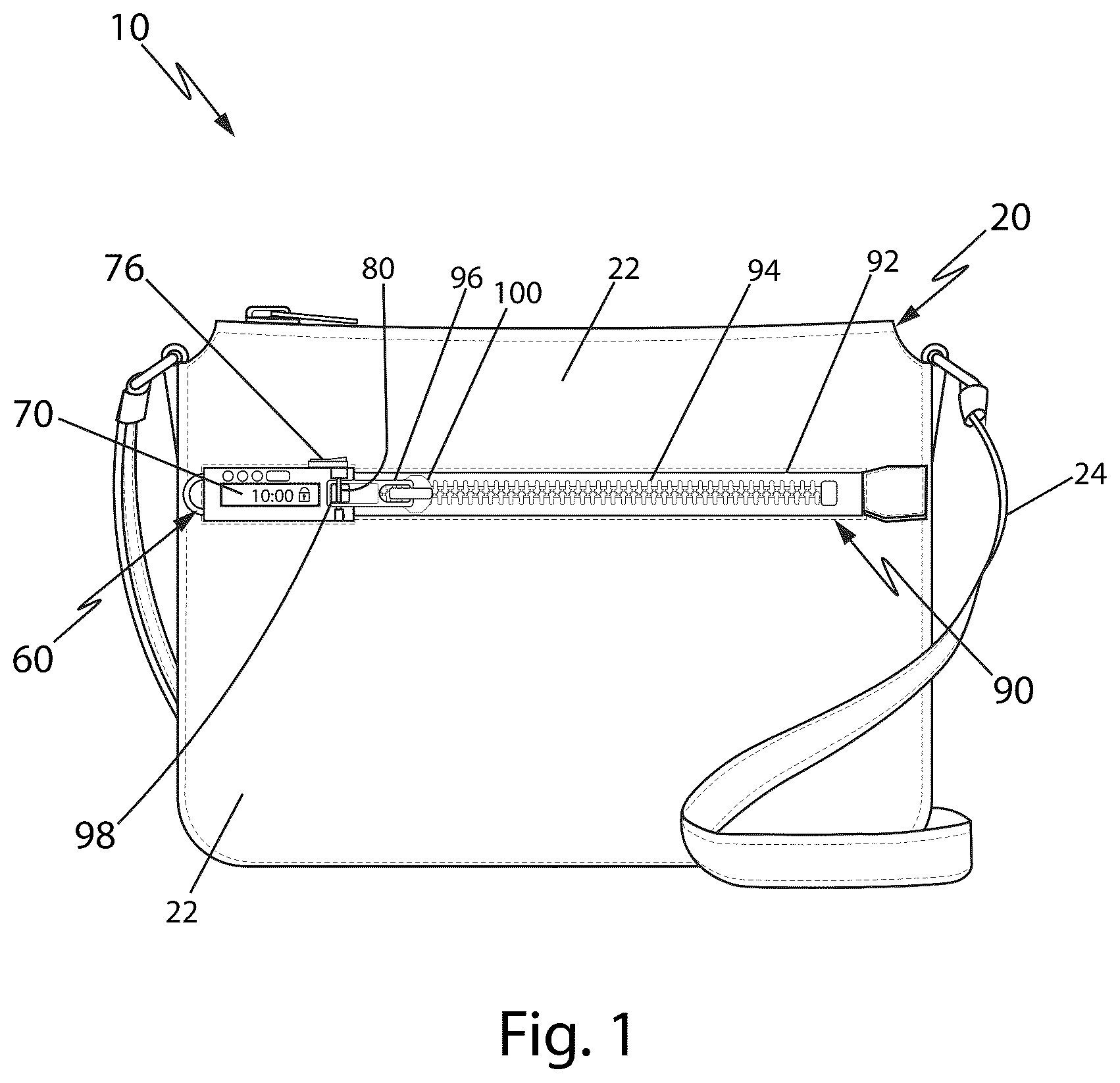Patent US12599211 — Carrying case having timed locking assemblies to store phones — Figure 1