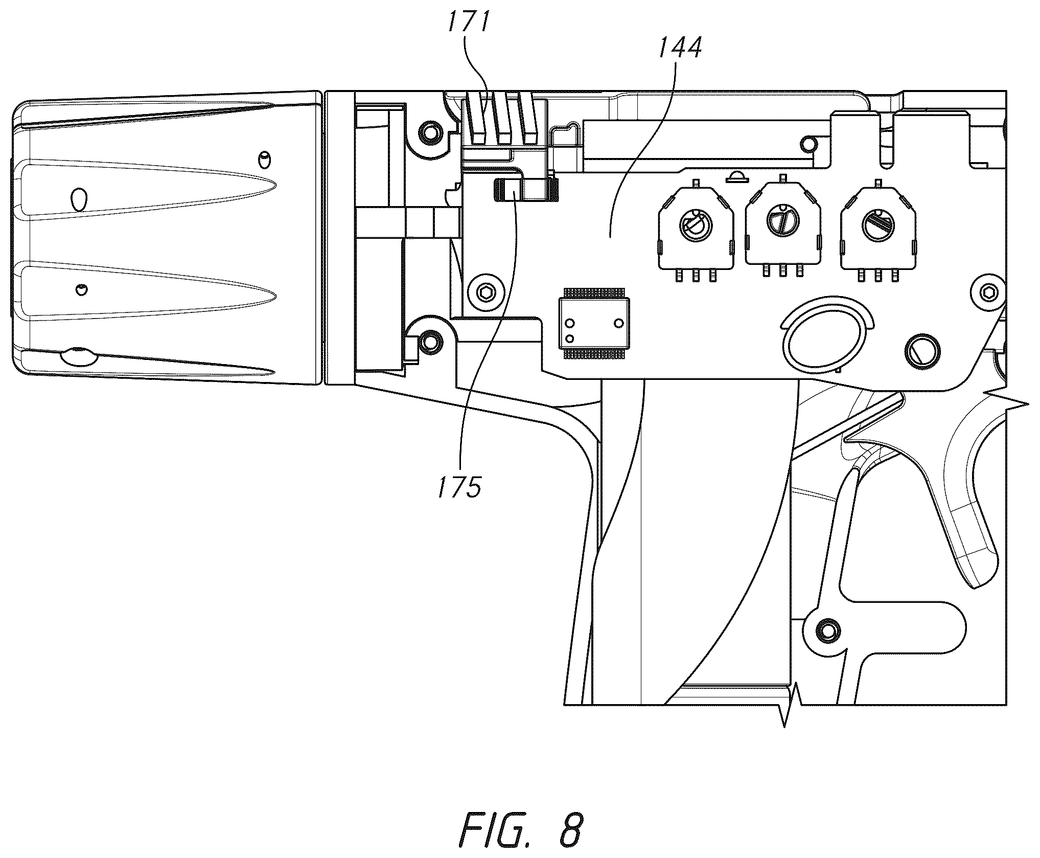 Patent US12599383 Figure 8 – Actuation shaft retention mechanism for surgical stapler