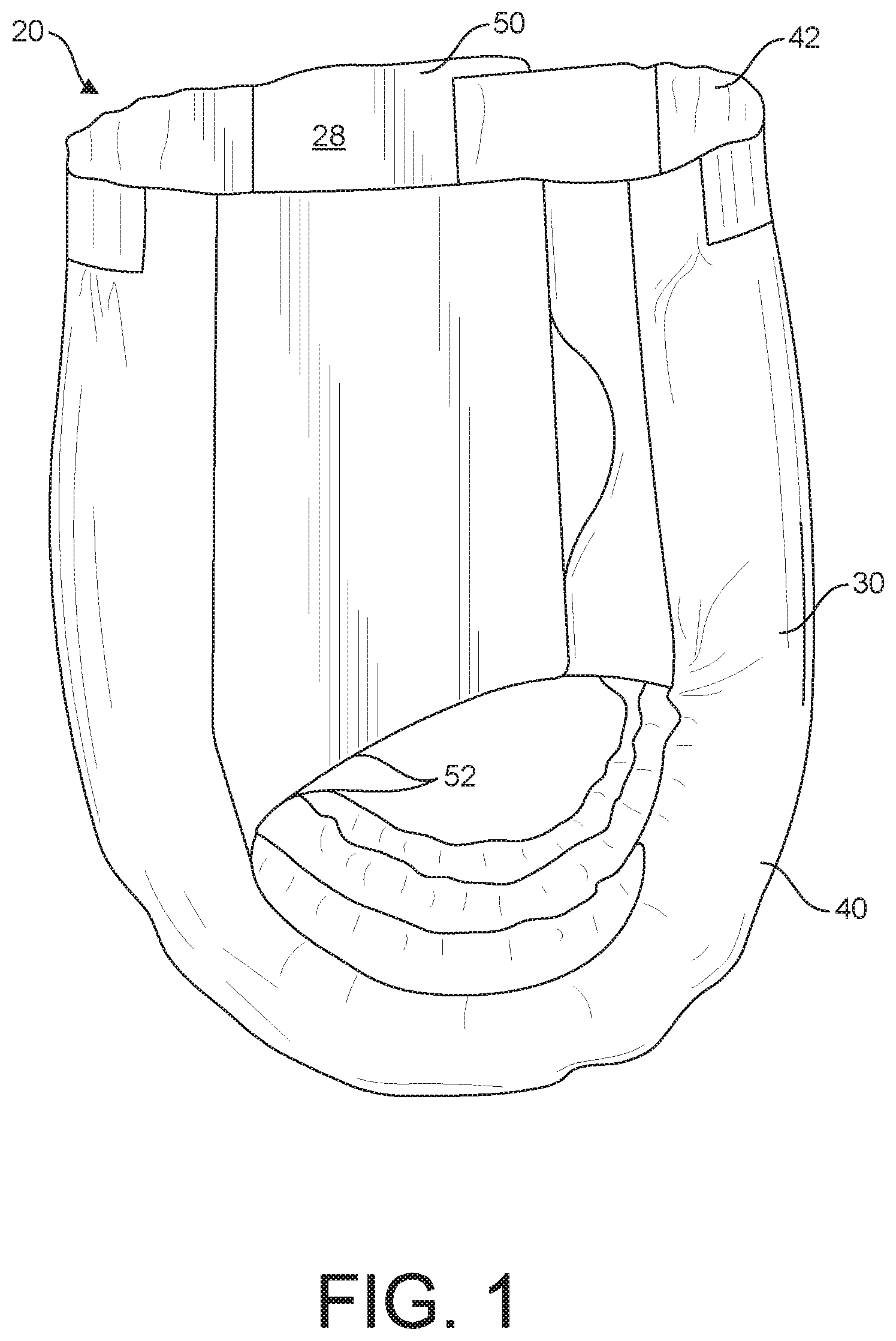 Patent US12599510 Figure 1 – Absorbent article with leak-proof containment flaps