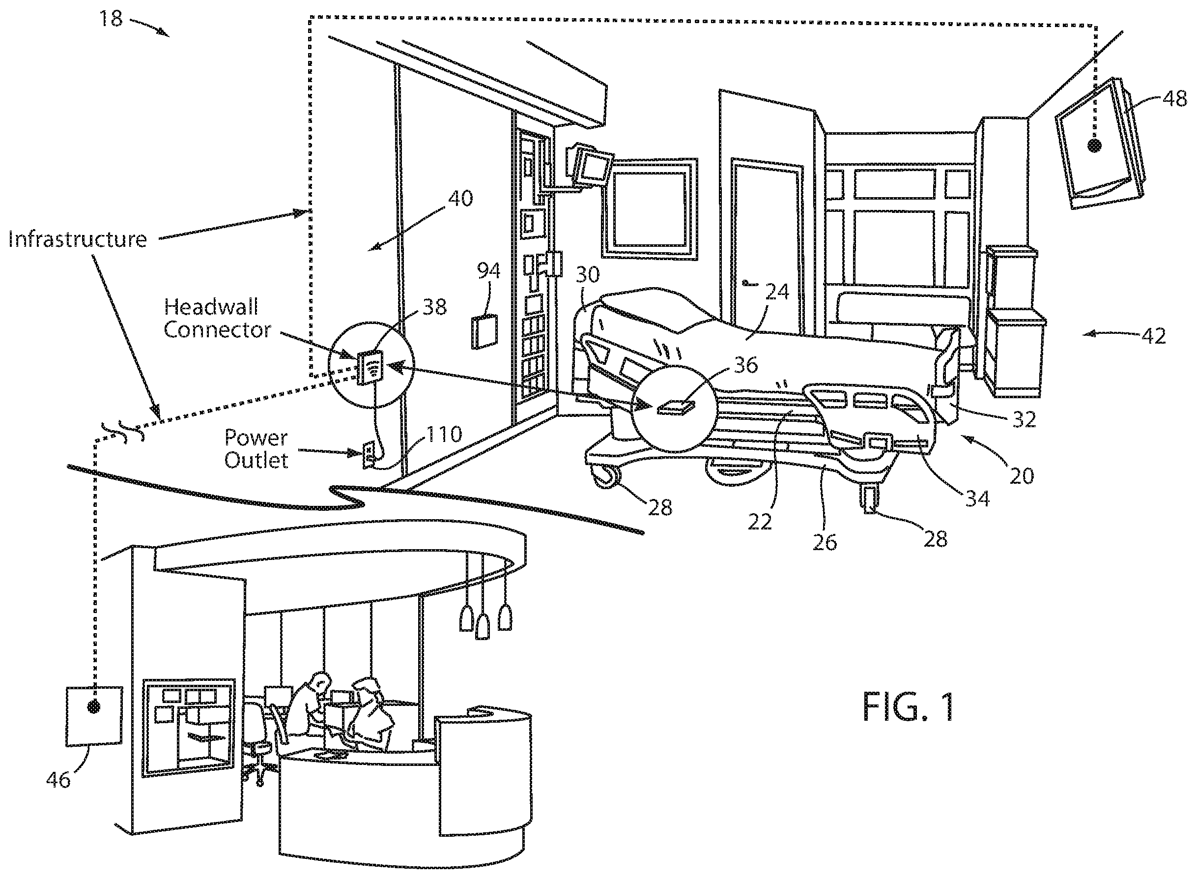 Patent US12599522 Figure 1 – Patient support apparatuses with wireless headwall communication