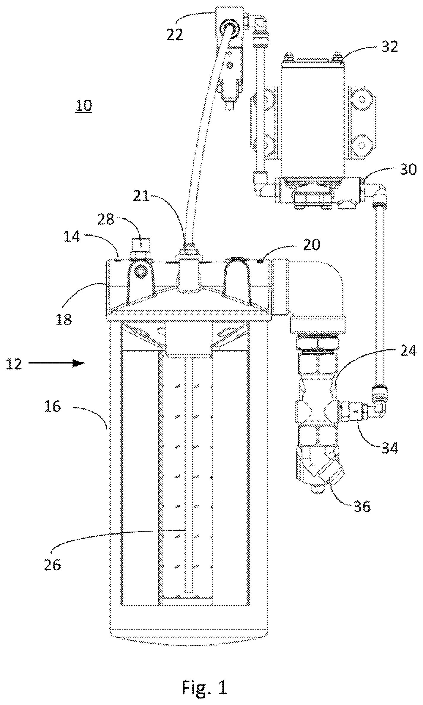 Patent US12599856 Figure 1 – Fluid filter system with auto drain