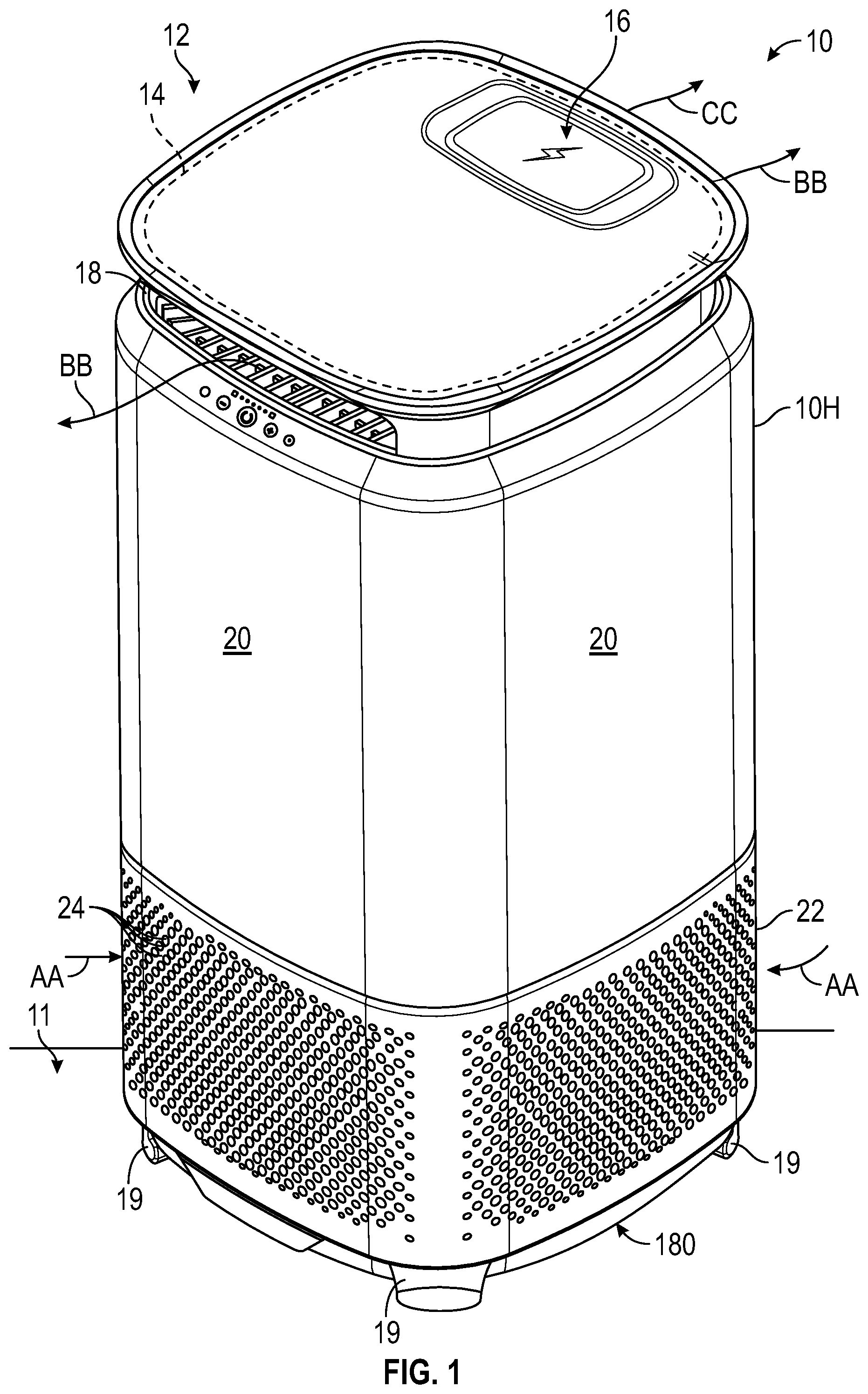 Patent US12599863 Figure 1 – Air purifier with integrated electronics cooling