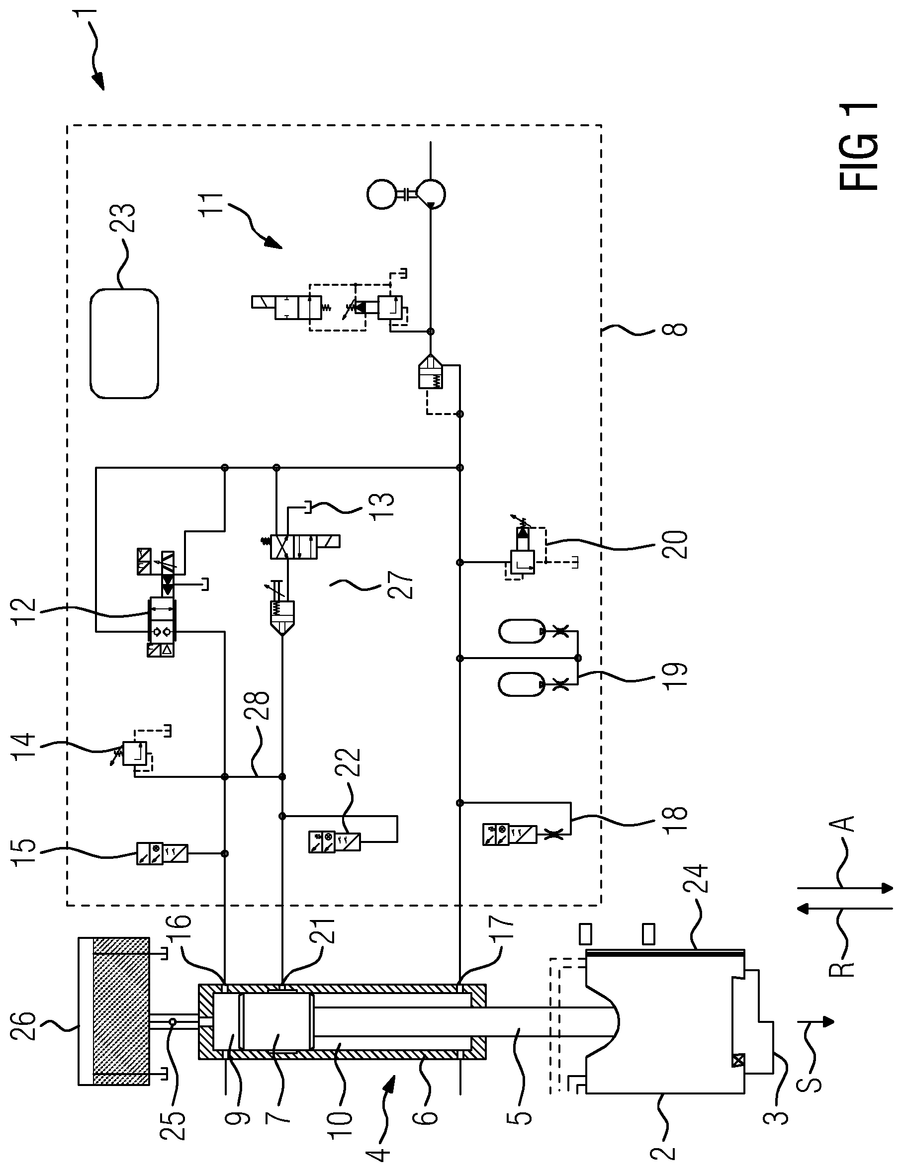Patent US12599954 — Hydraulic forming machine for pressing workpieces, in particular forging hammer, and method for operating a hydraulic forming machine, in particular a forging hammer — Figure 1