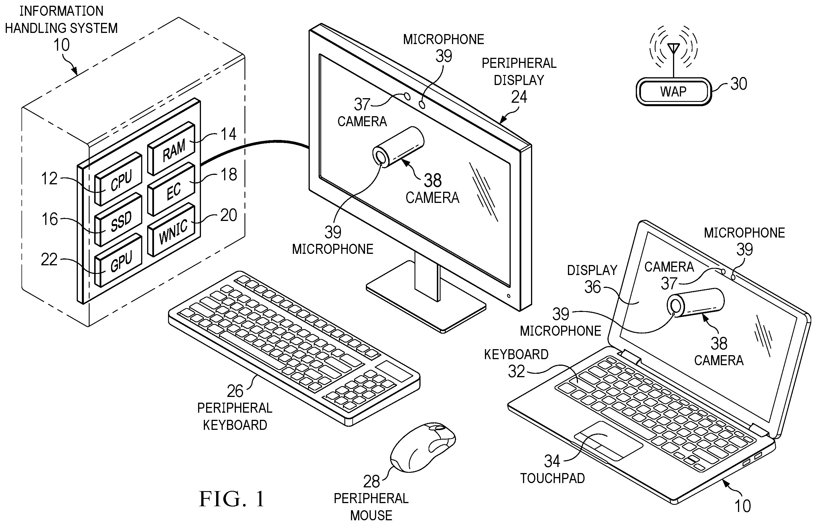 Patent US12602078 — Portable information handling system peripheral camera and dock with contoured wireless charging — Figure 1