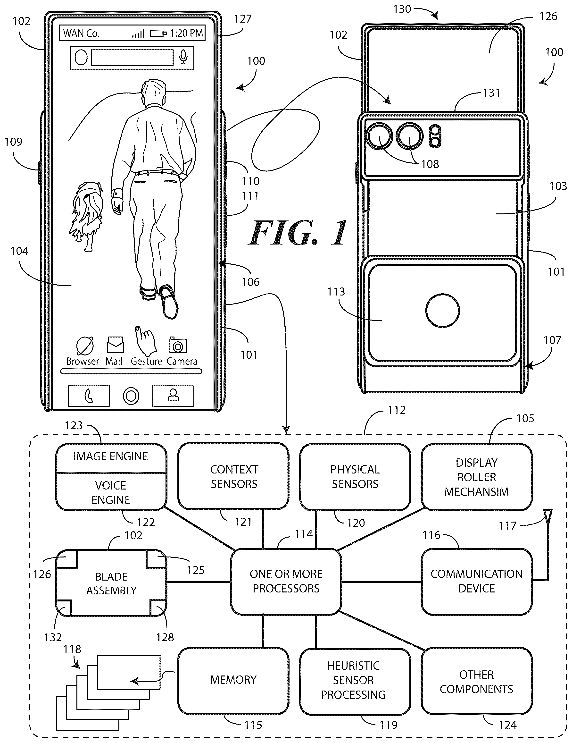 Patent US12602081 Figure 1 – Electronic devices with translating flexible display and corresponding methods