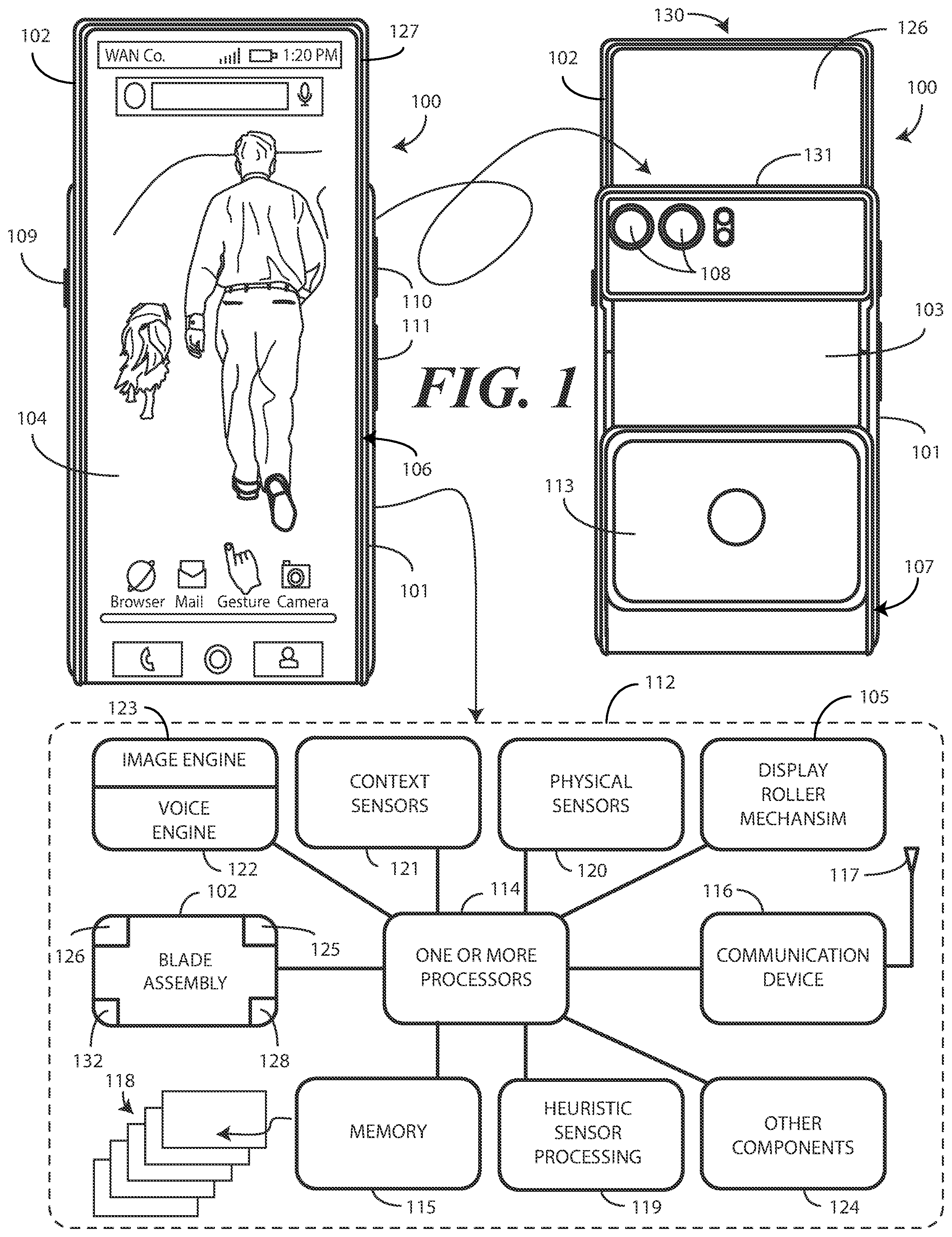 Patent US12602082 — Electronic devices with translating flexible displays and corresponding methods for providing haptic feedback — Figure 1