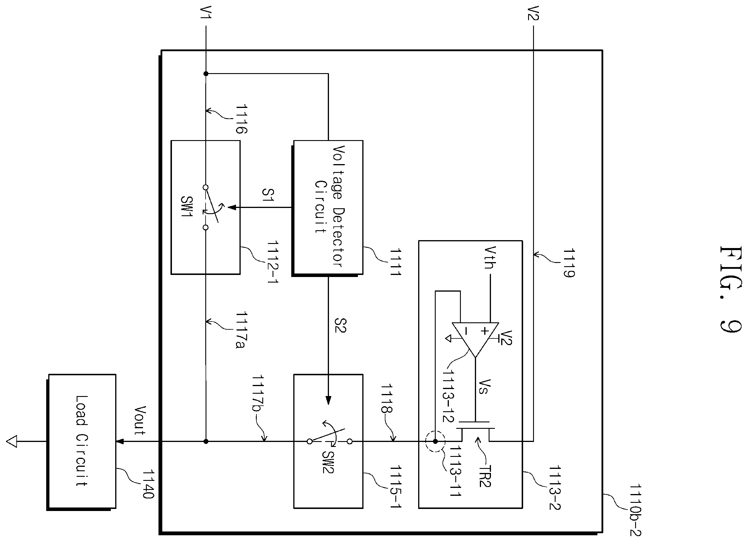 Patent US12602098 Figure 9 – Electronic circuit for outputting voltage based on a plurality of input voltages